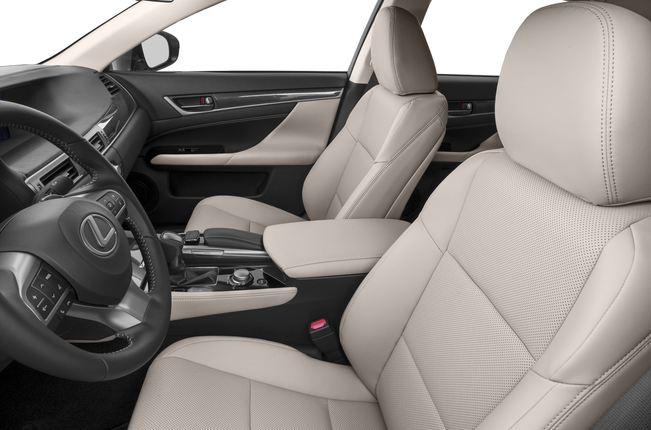 Beige leather front seats and multifunction steering wheel in modern car interior