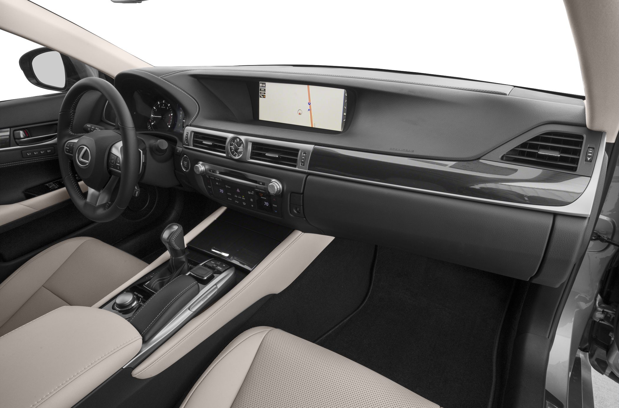 Modern dashboard with navigation screen and gear shift