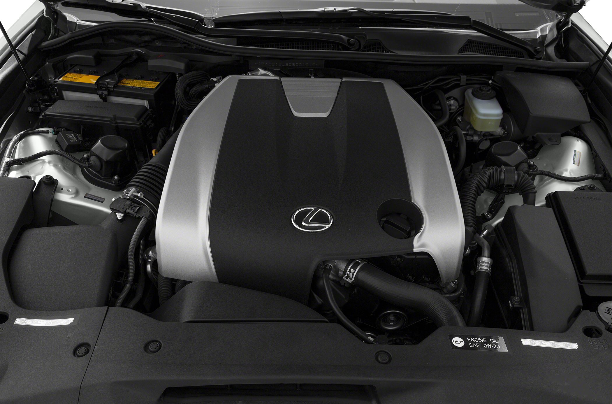 Lexus engine compartment with engine cover and various components