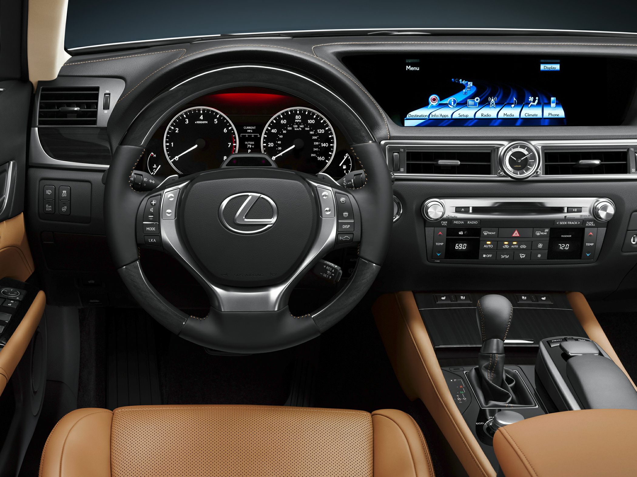 Luxury car interior with digital dashboard and multifunction steering wheel