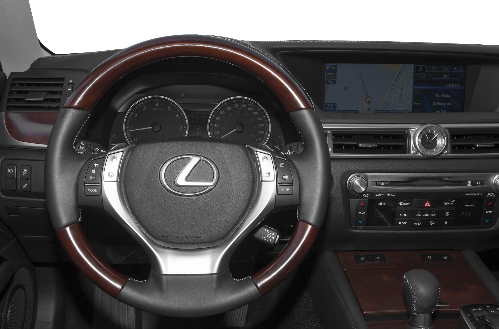 Luxury wood and leather steering wheel with digital instrument panel and center console
