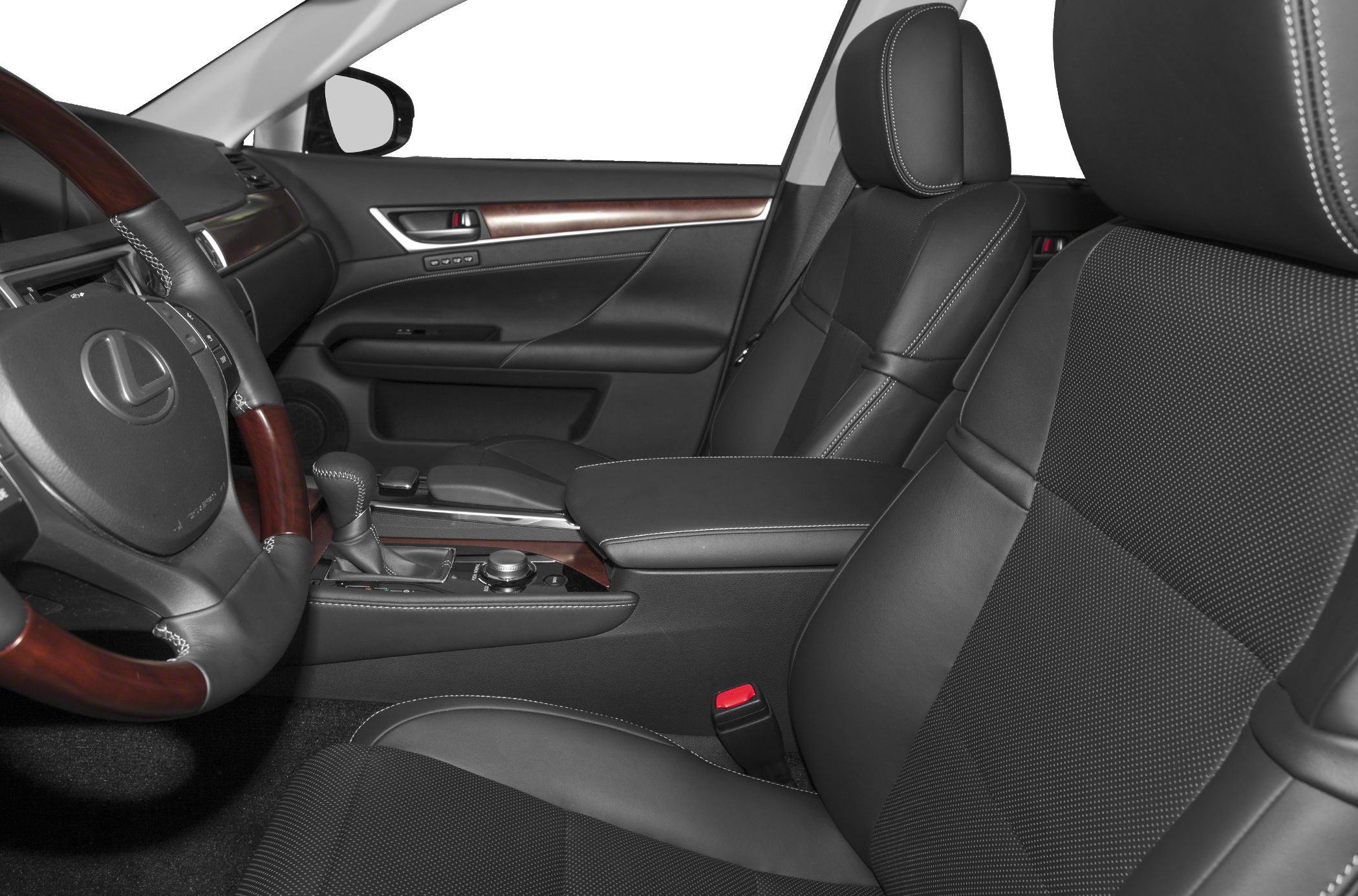 Premium leather seats with wood trim and stitched detailing