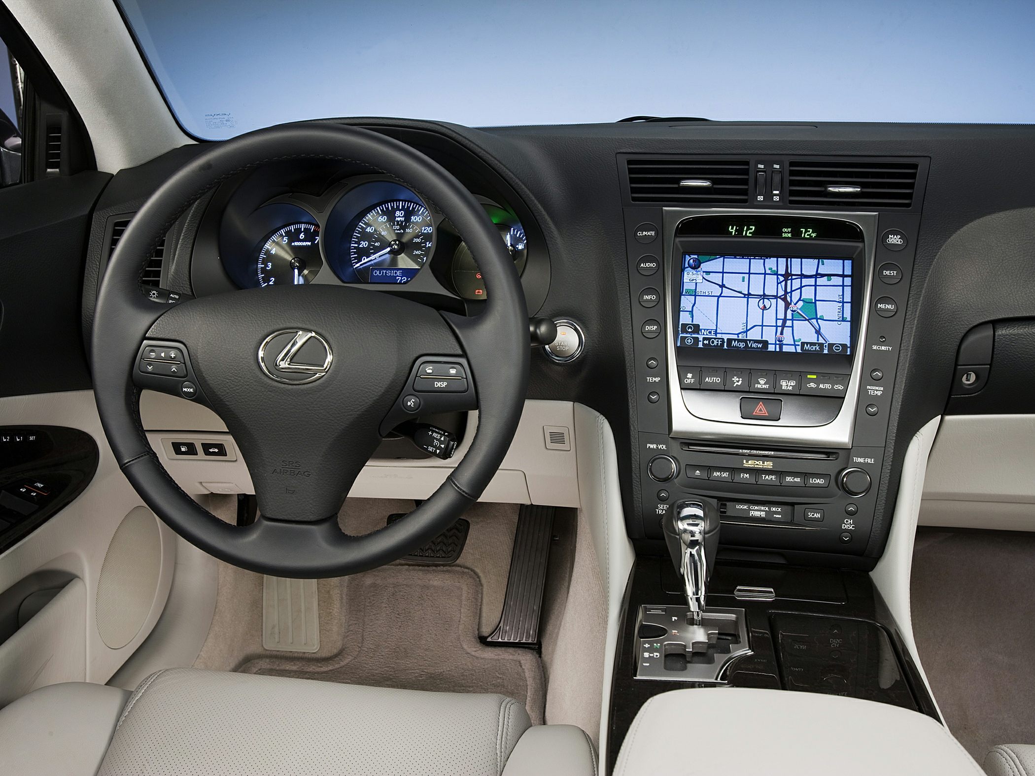 Steering wheel and center console with navigation system.
