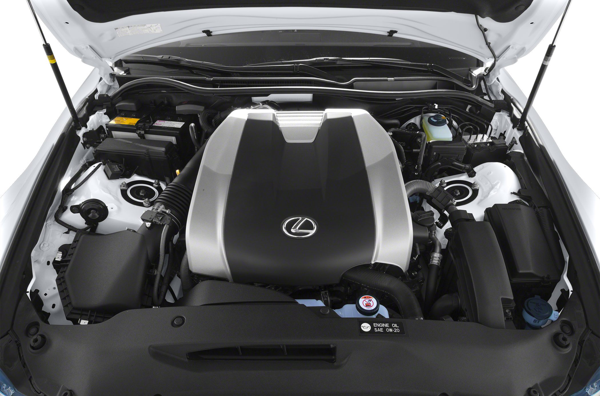 Engine bay with a large stylish engine cover and organized components