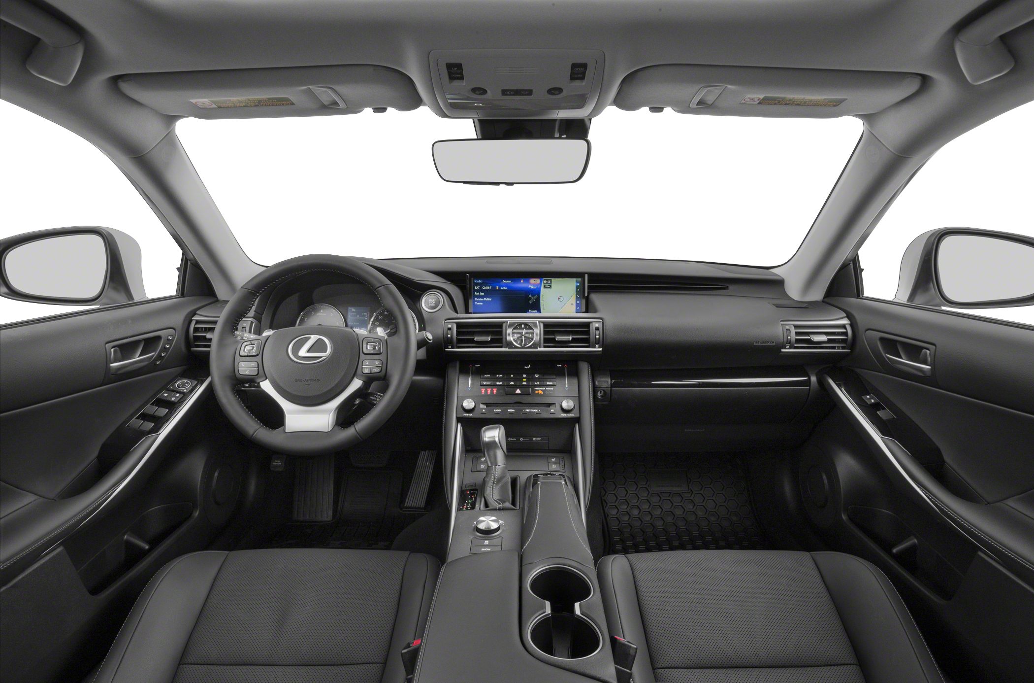 Luxury sport sedan interior with multifunction steering wheel and digital infotainment display