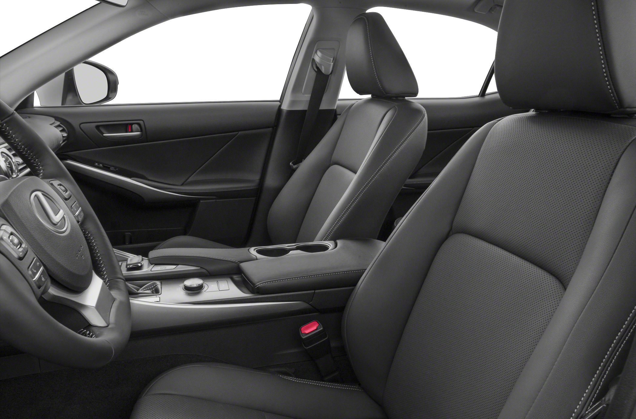Black leather seats and center console with cup holders in car interior