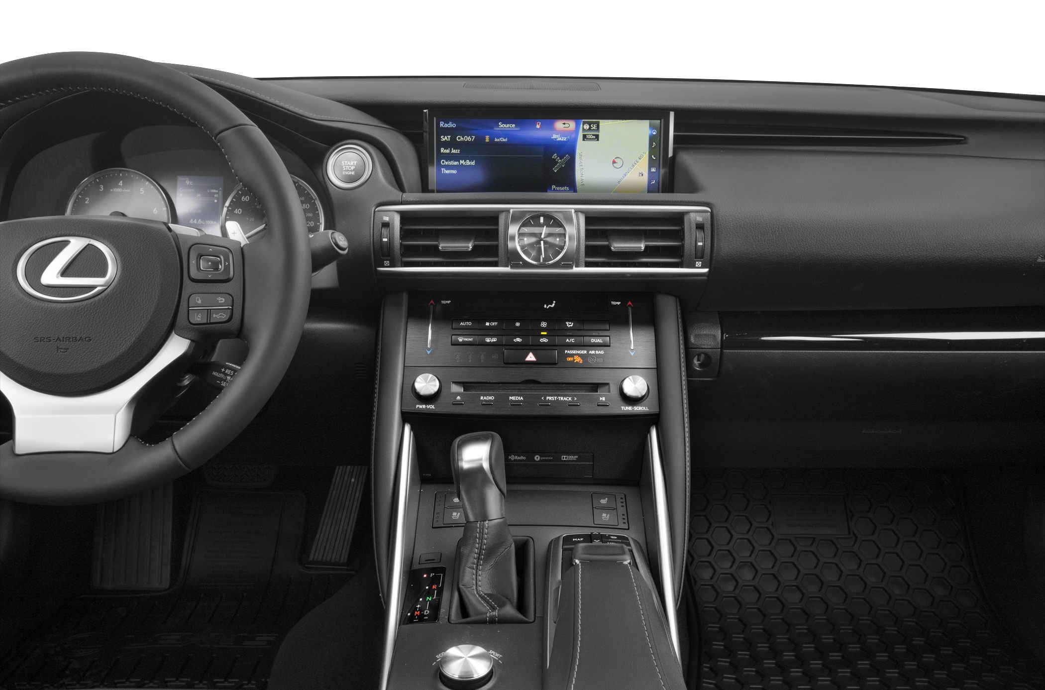 Luxury car interior with infotainment and analog clock