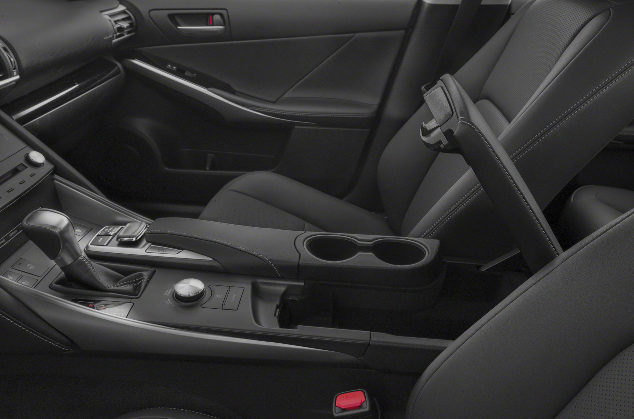 Car interior console with gear shift and armrest cup holders