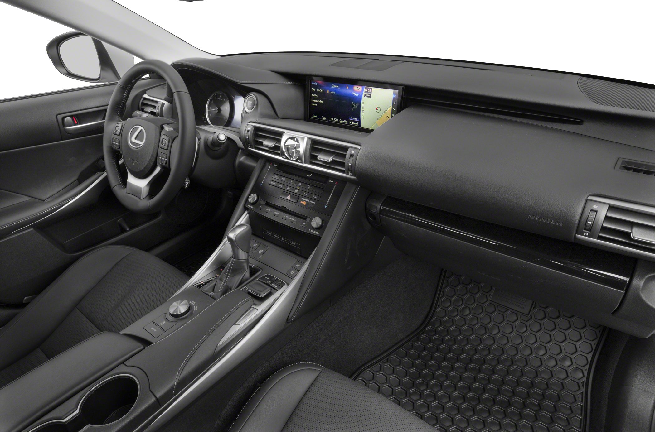 Interior cockpit with infotainment screen, analog clock, steering wheel controls, and gear shifter