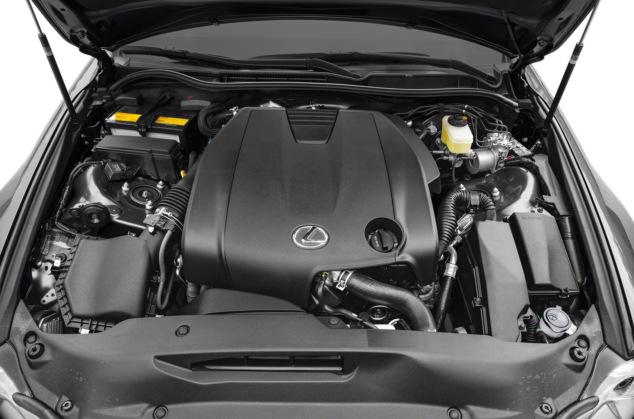 Engine compartment with Lexus emblem on engine cover