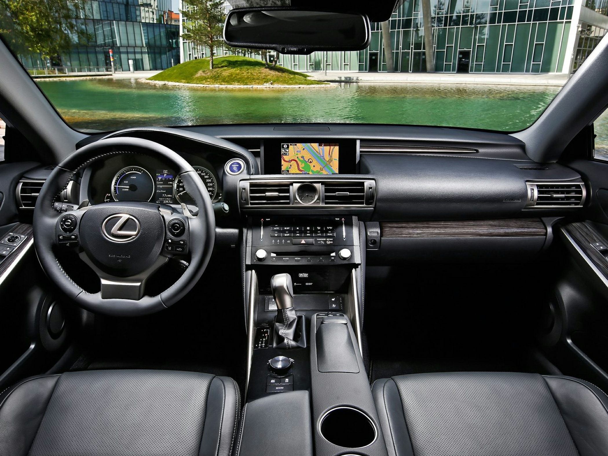 Modern luxury car interior with digital dashboard and navigation screen