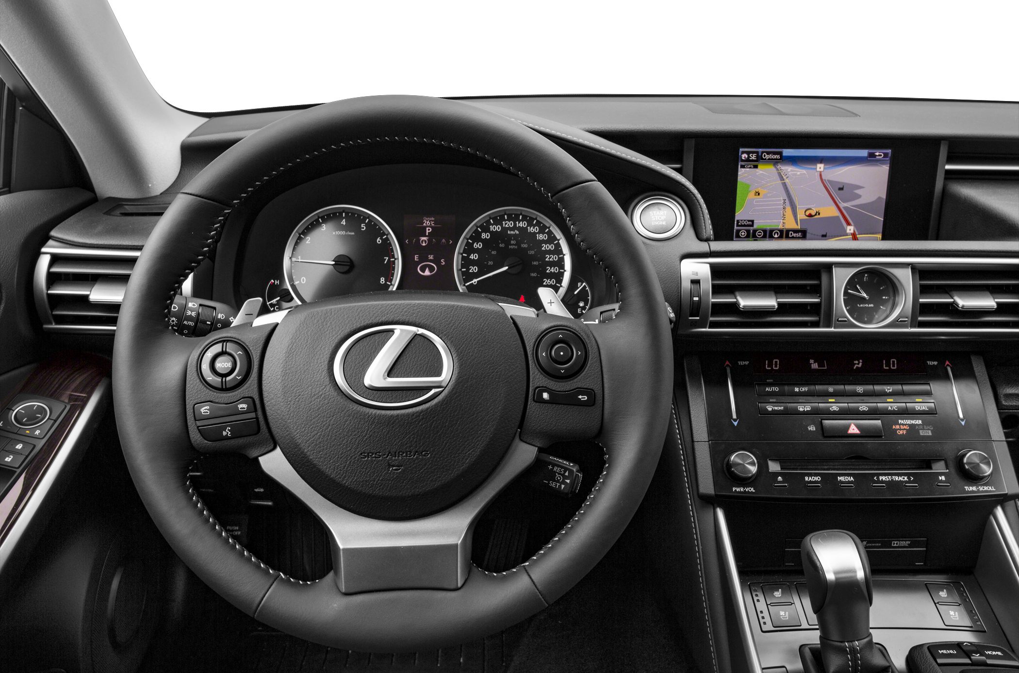 Lexus interior with steering wheel, instrument cluster, and navigation screen