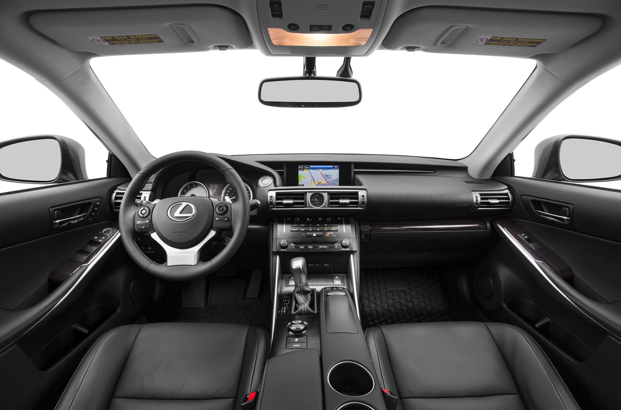Car interior with dashboard, navigation screen, steering wheel, leather seats