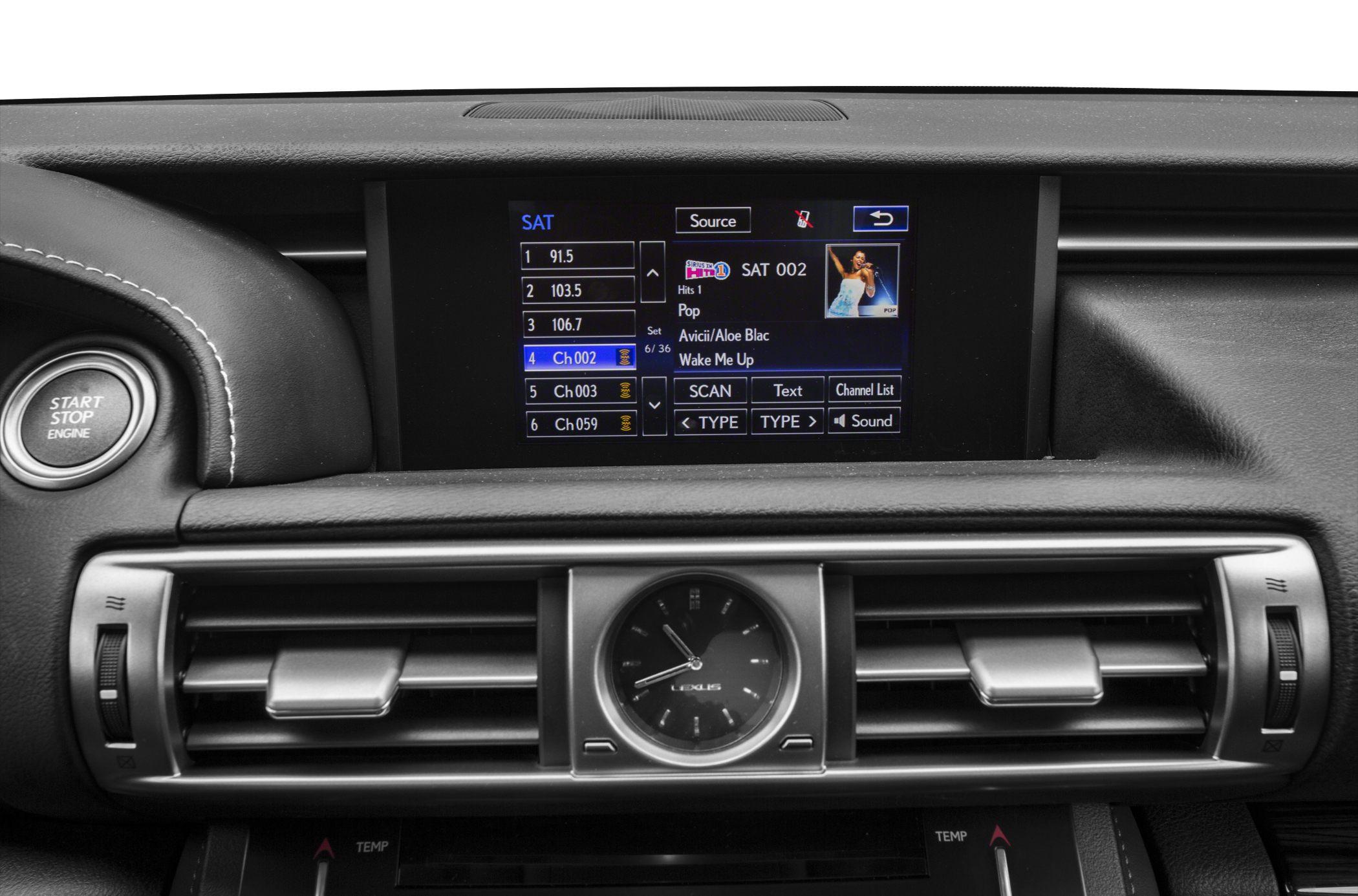 Dashboard with satellite radio and analog clock