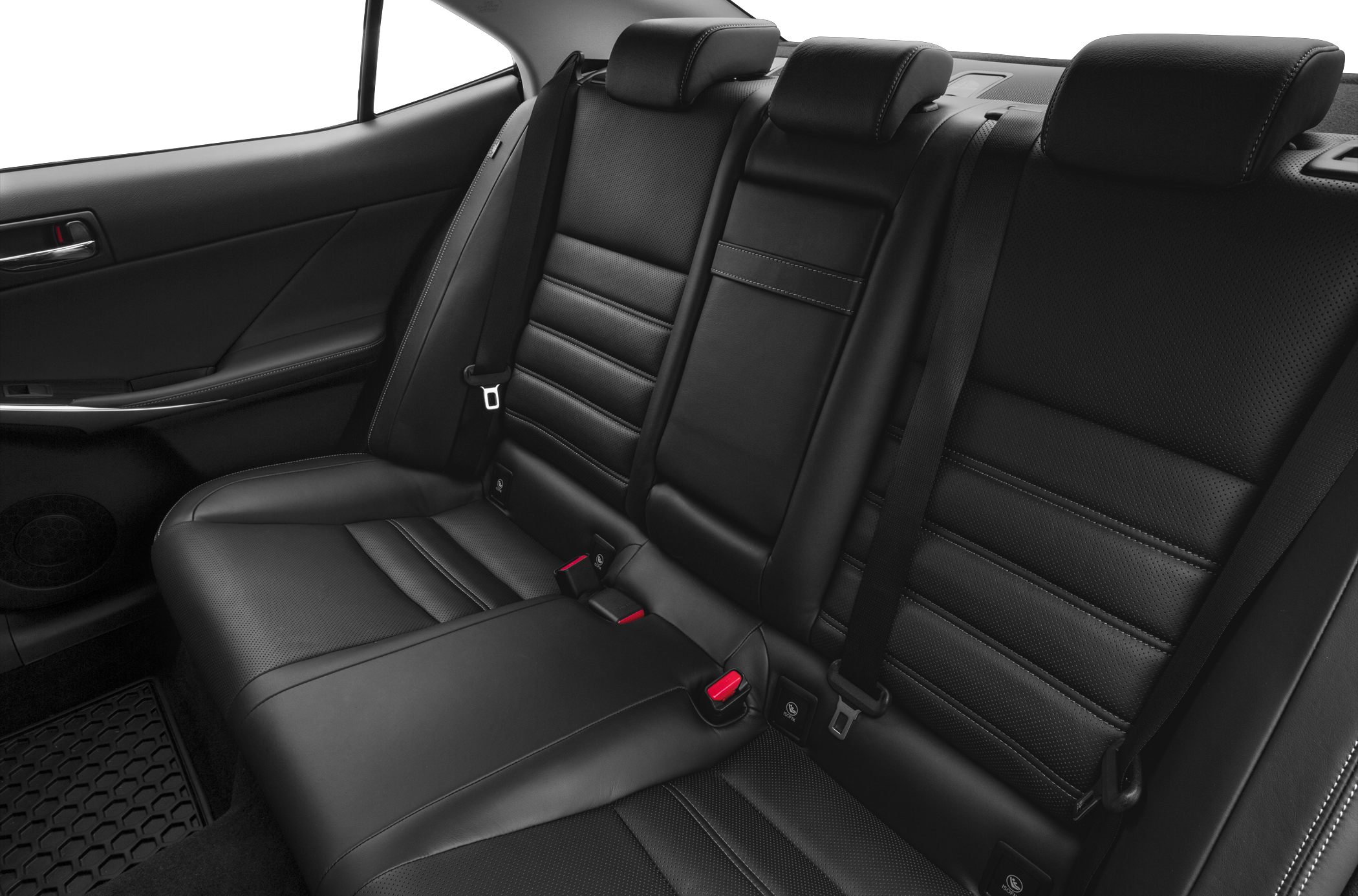 Rear black leather seats with seat belts inside a car