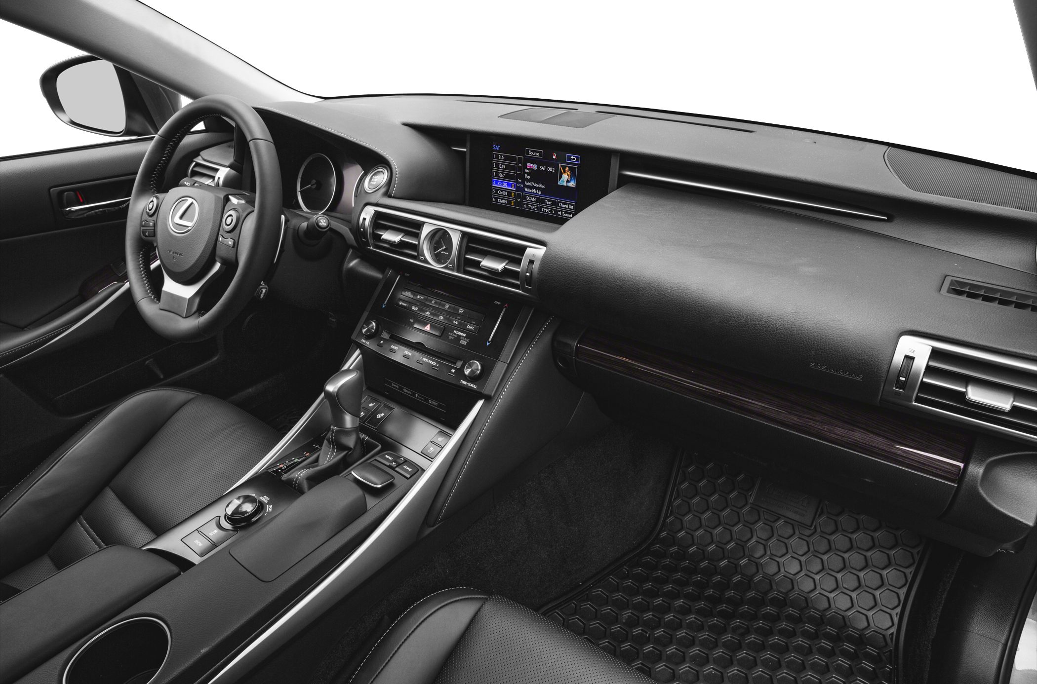 Luxury car interior with dashboard, steering wheel, and digital display
