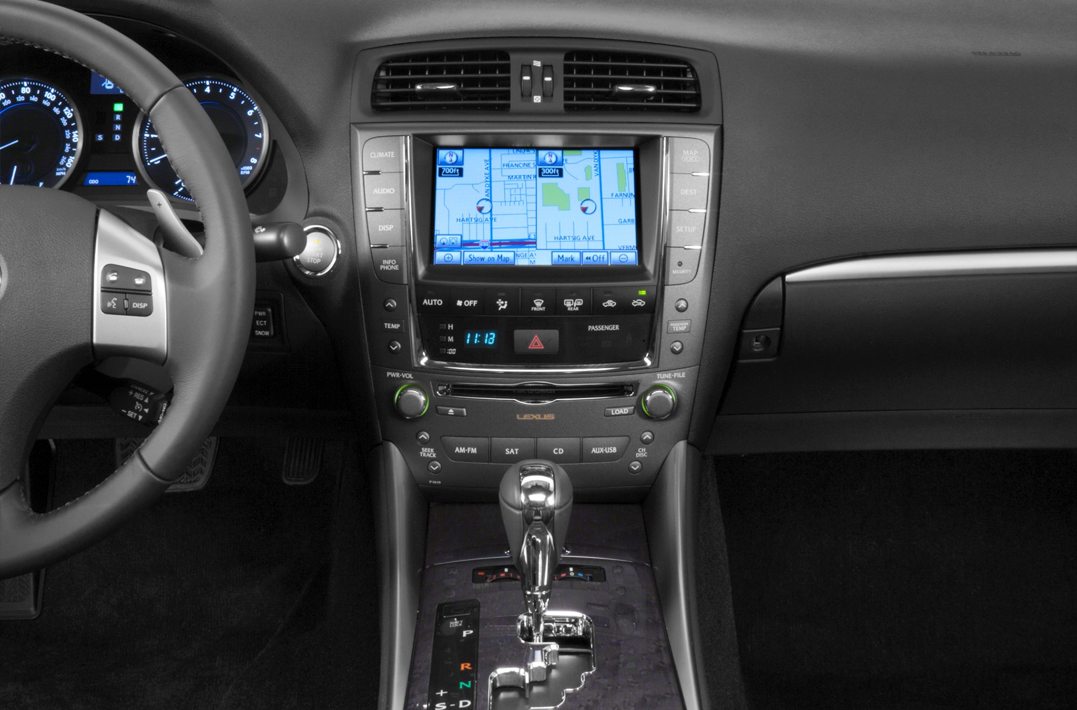 Car interior navigation system and dashboard controls with gear shift