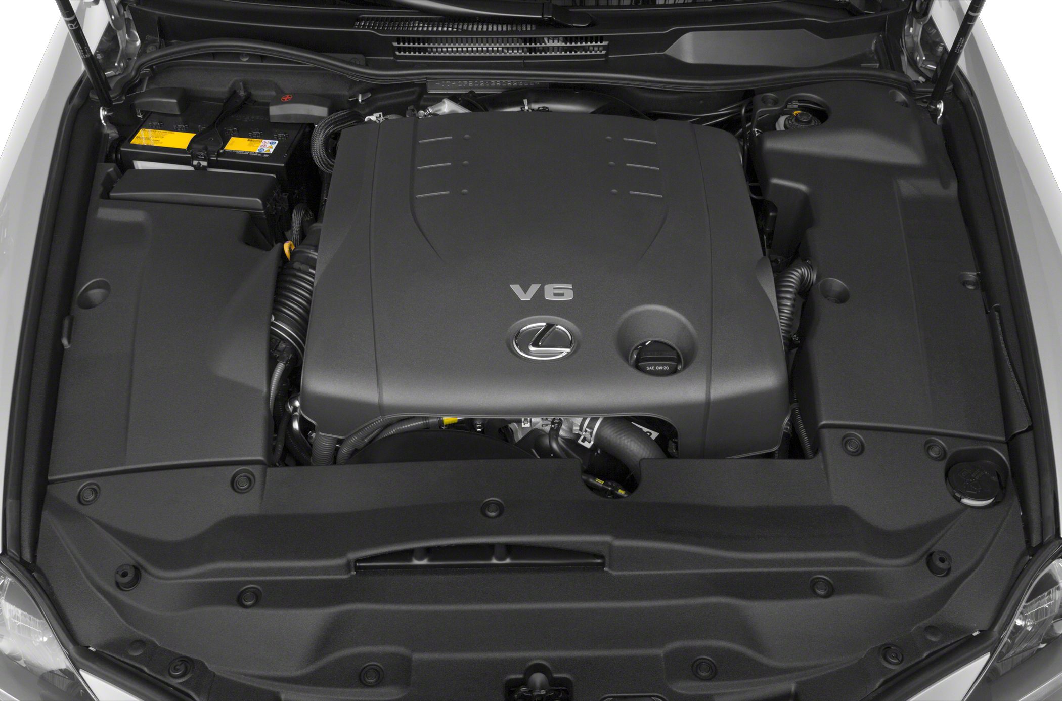 Engine bay with V6 engine cover and components