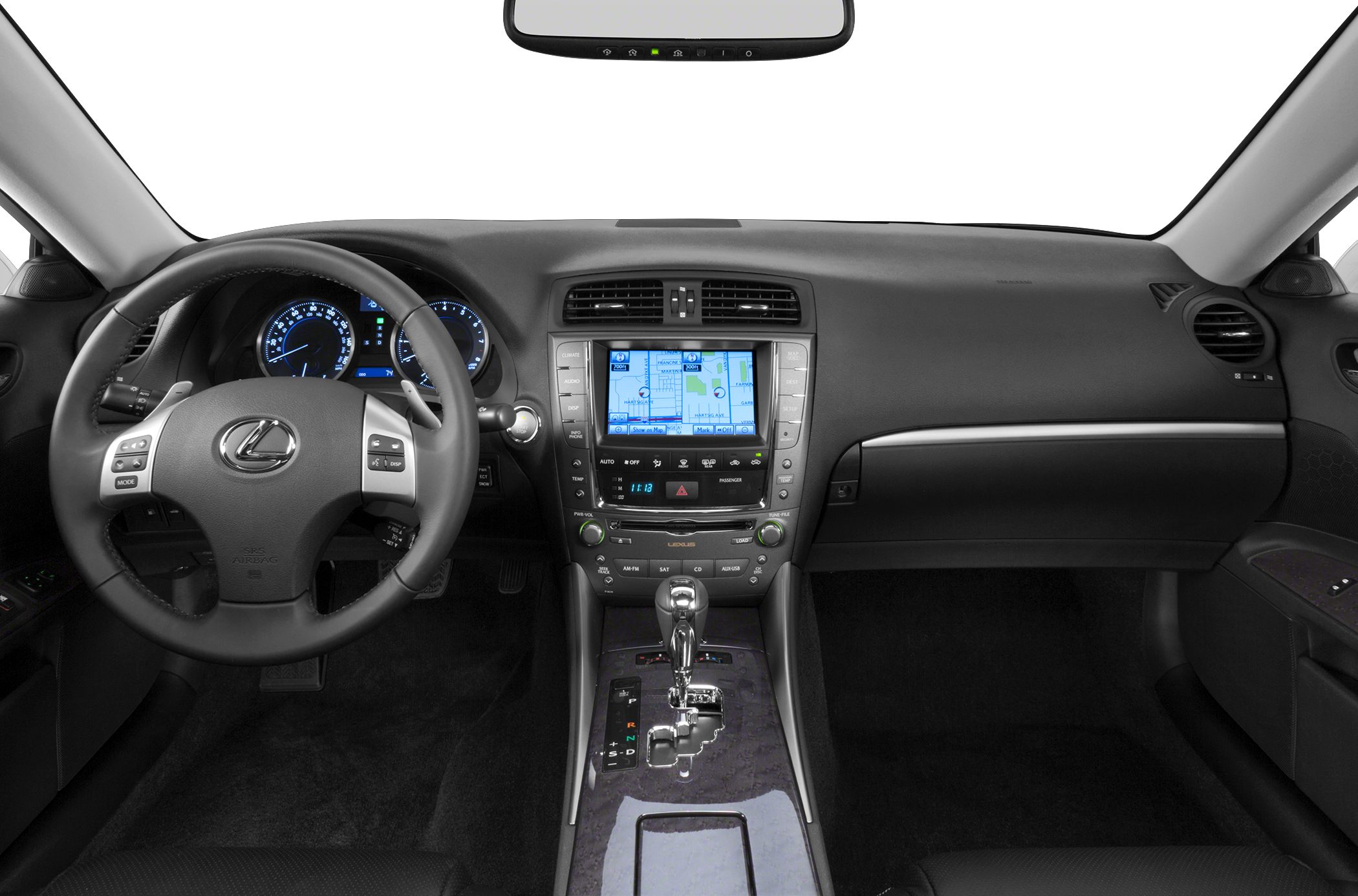 Lexus IS-F interior with navigation system and leather steering wheel