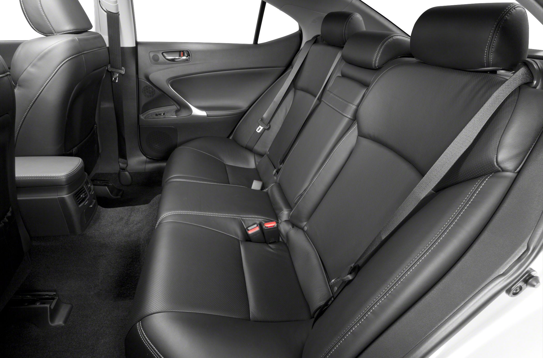 Black leather rear seats with detailed stitching and seat belts