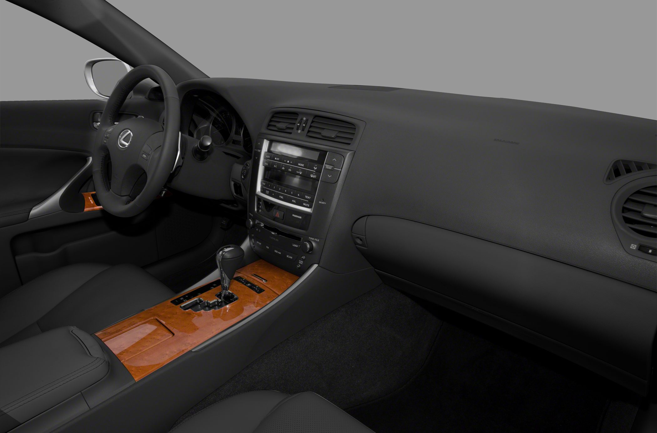 Luxury car interior with wood trim and modern dashboard layout
