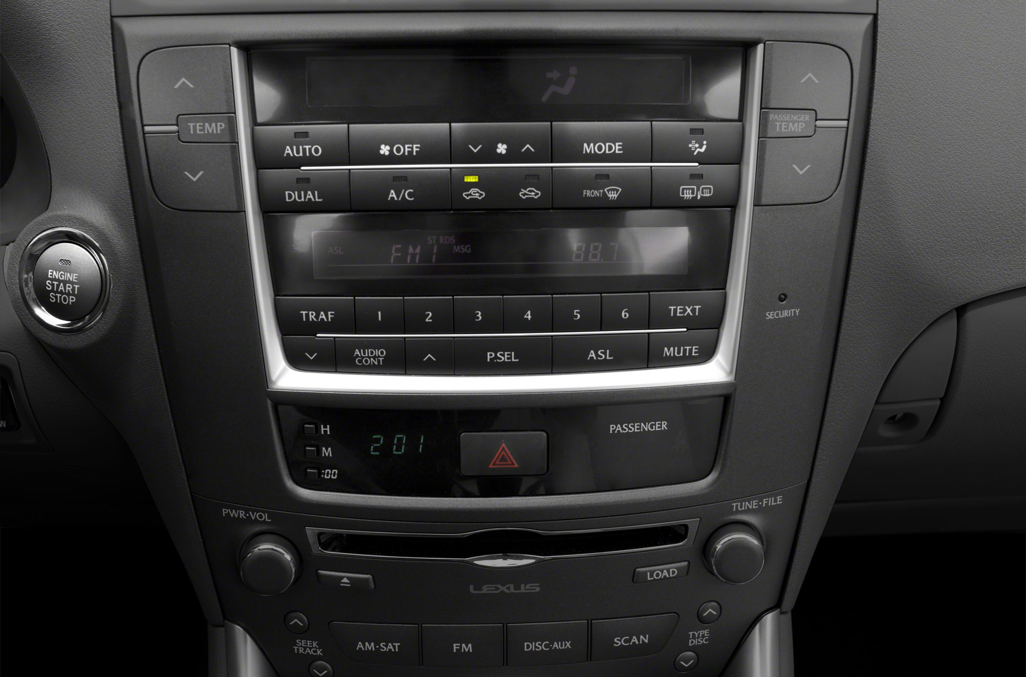 Climate and audio control panel with engine start button
