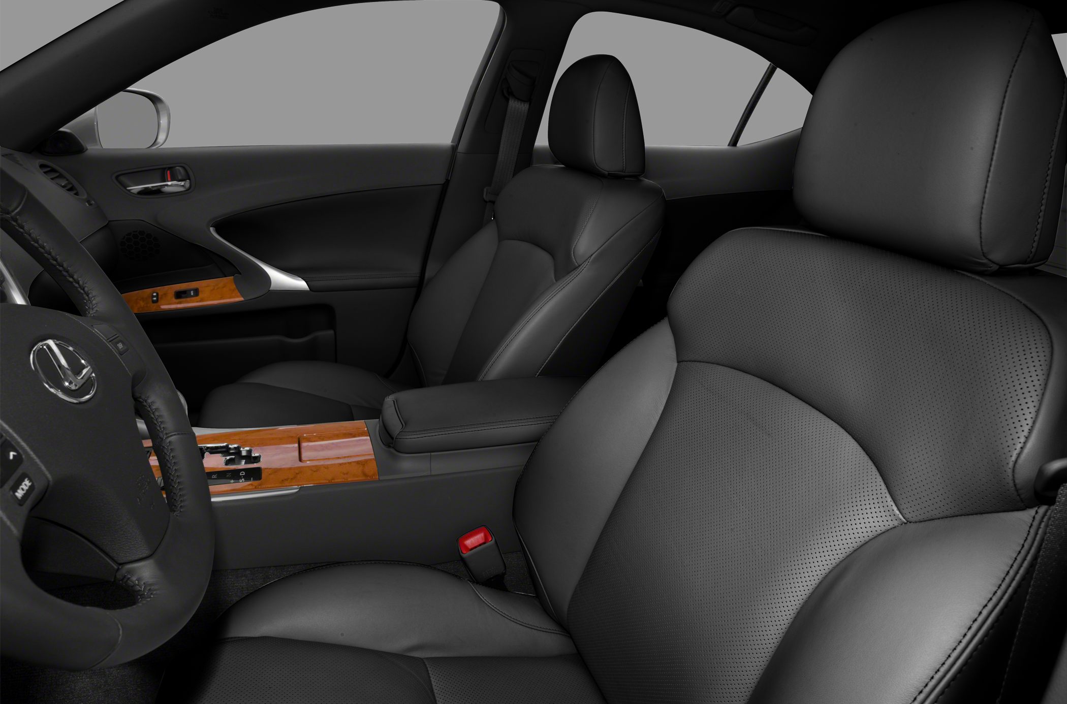 Black leather seats with wood trim and ergonomic design