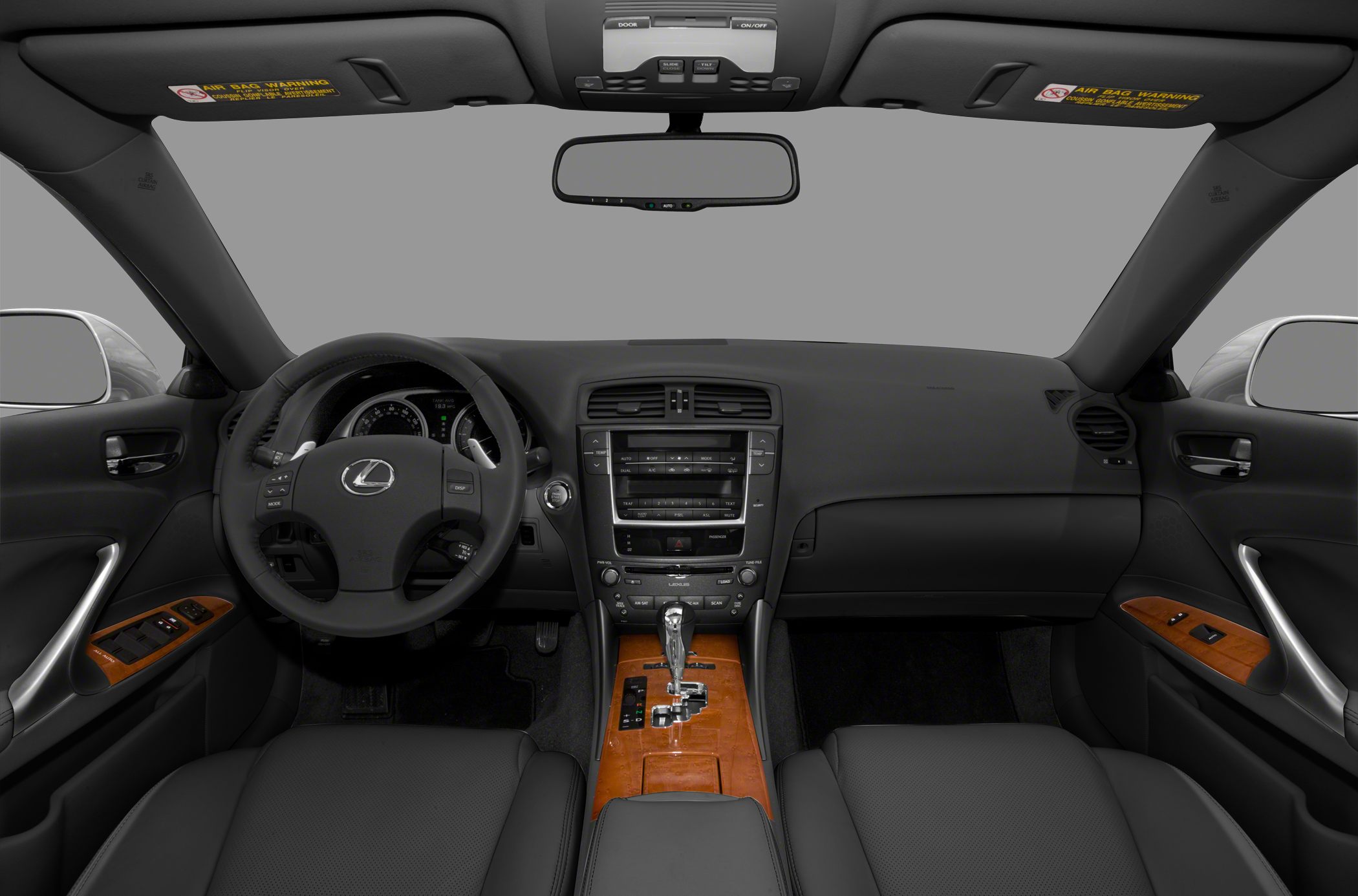 Dashboard, steering wheel, center console with wood trim