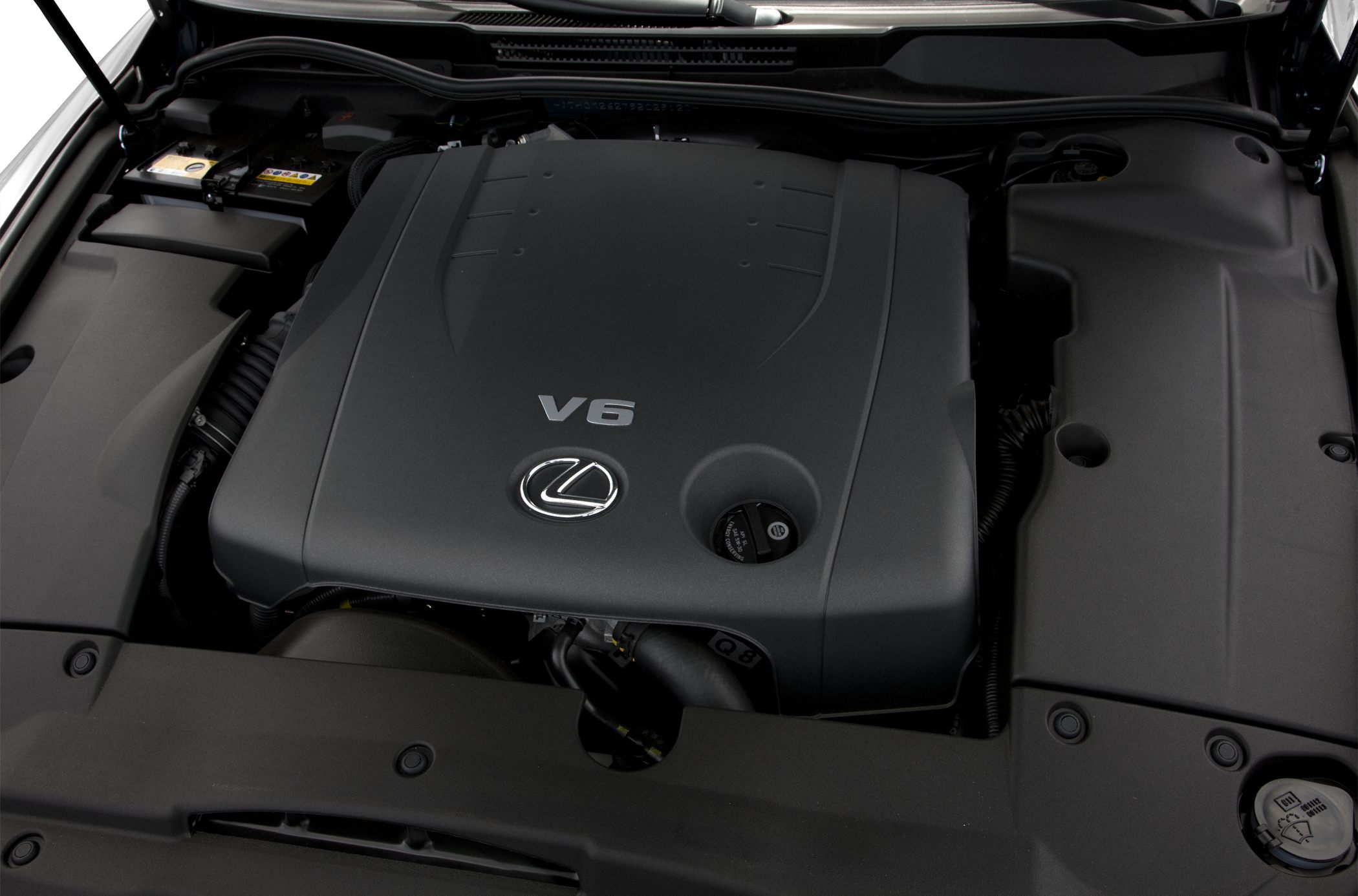 V6 engine bay with Lexus logo and cover.