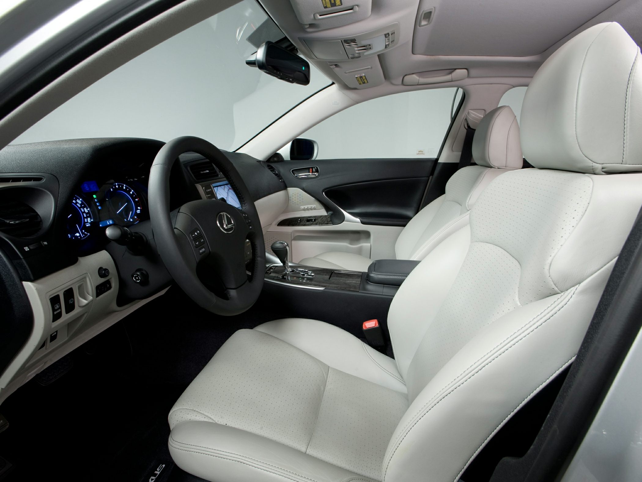 Luxury car interior with leather seats and advanced dashboard features