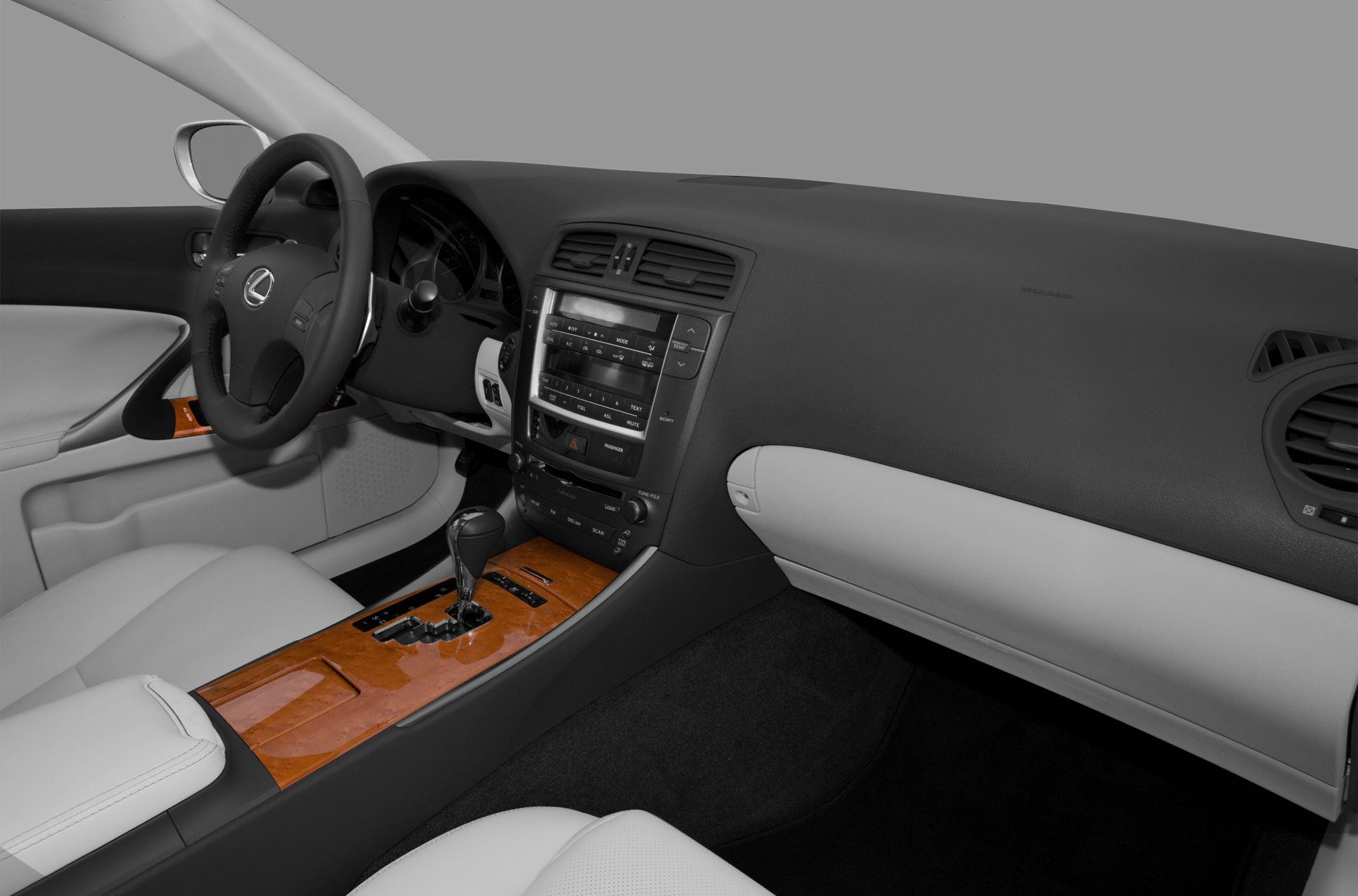 Dashboard and center console with wooden trim and gear shifter