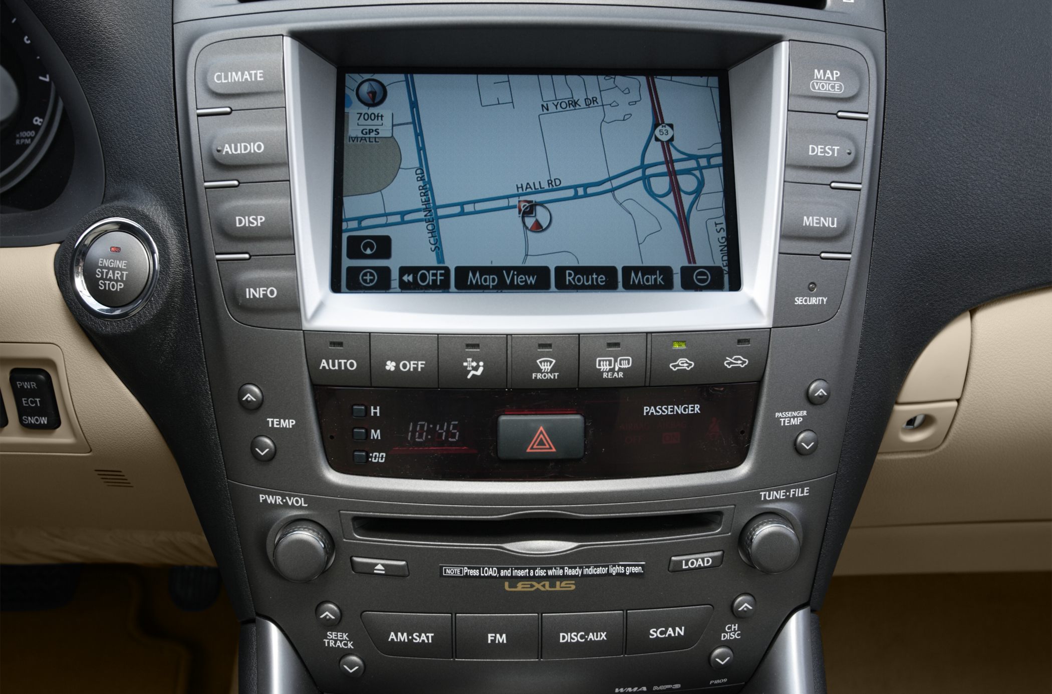 In-dash GPS navigation screen and climate control panel