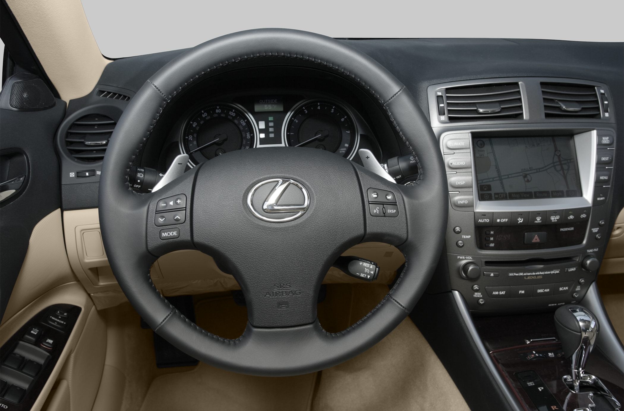 Leather steering wheel with control buttons and digital dashboard display