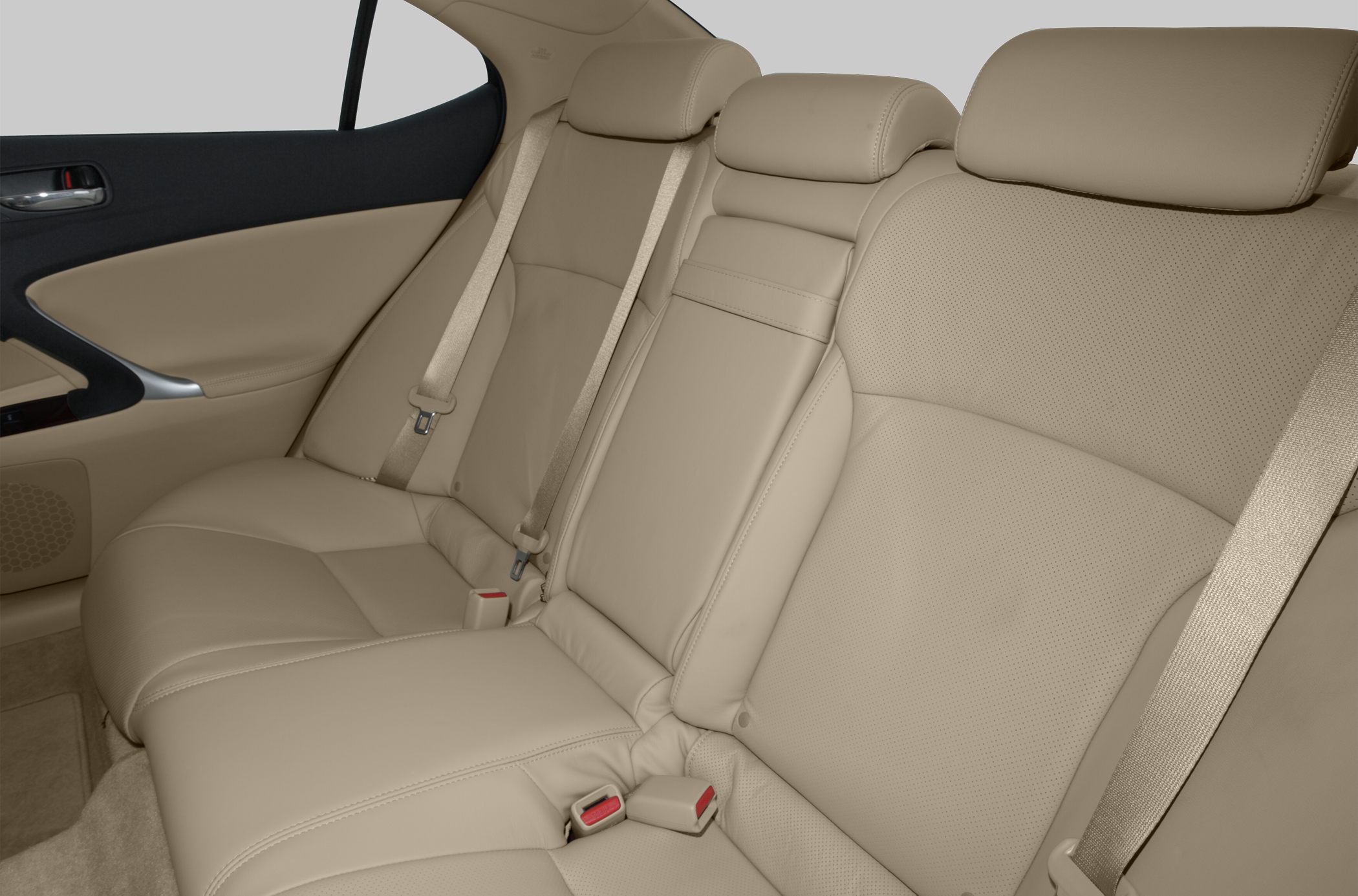 Beige leather rear seats with seat belts and headrests