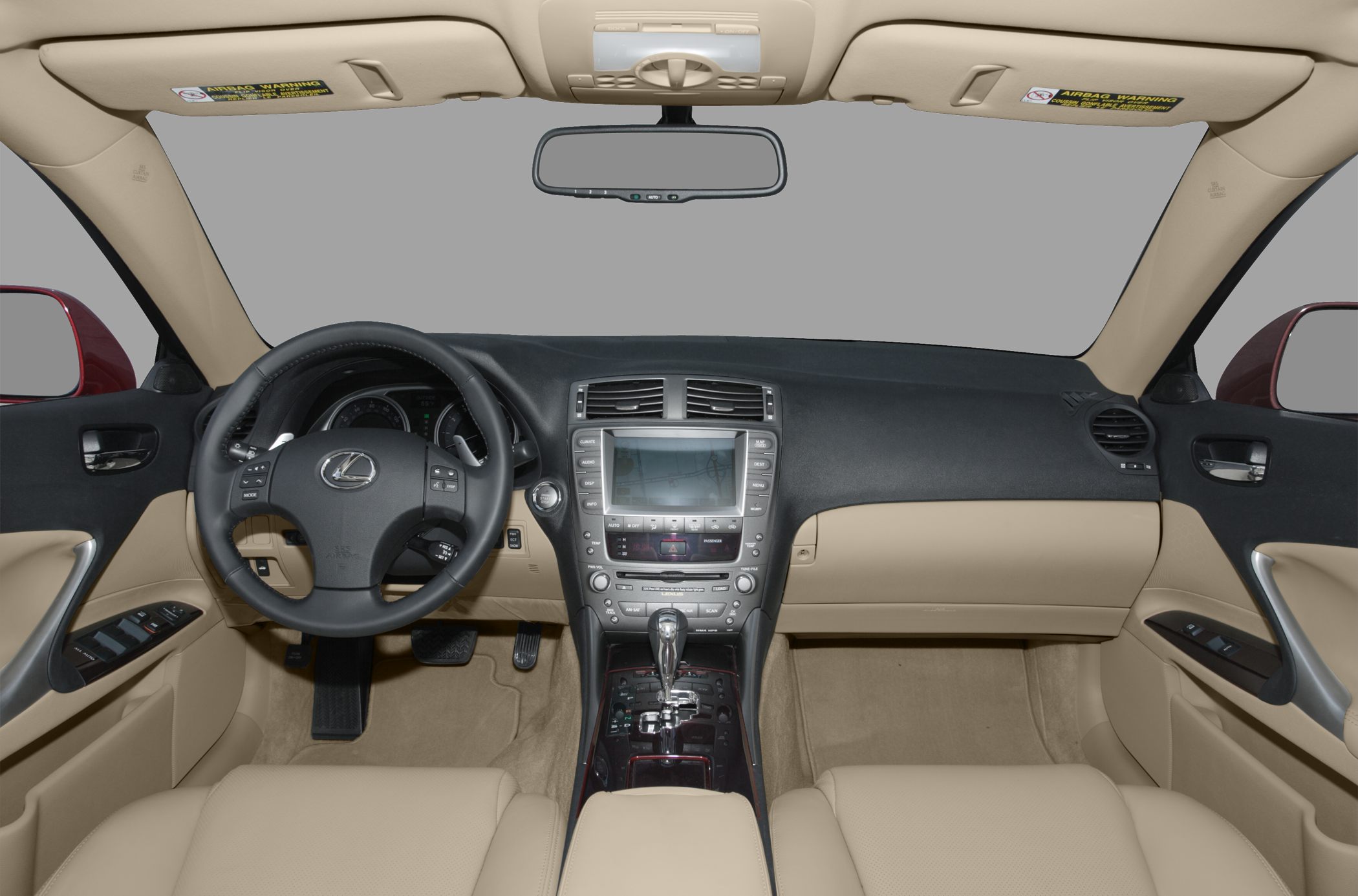 Leather seats, steering wheel, central touchscreen, dashboard, automatic gear shifter