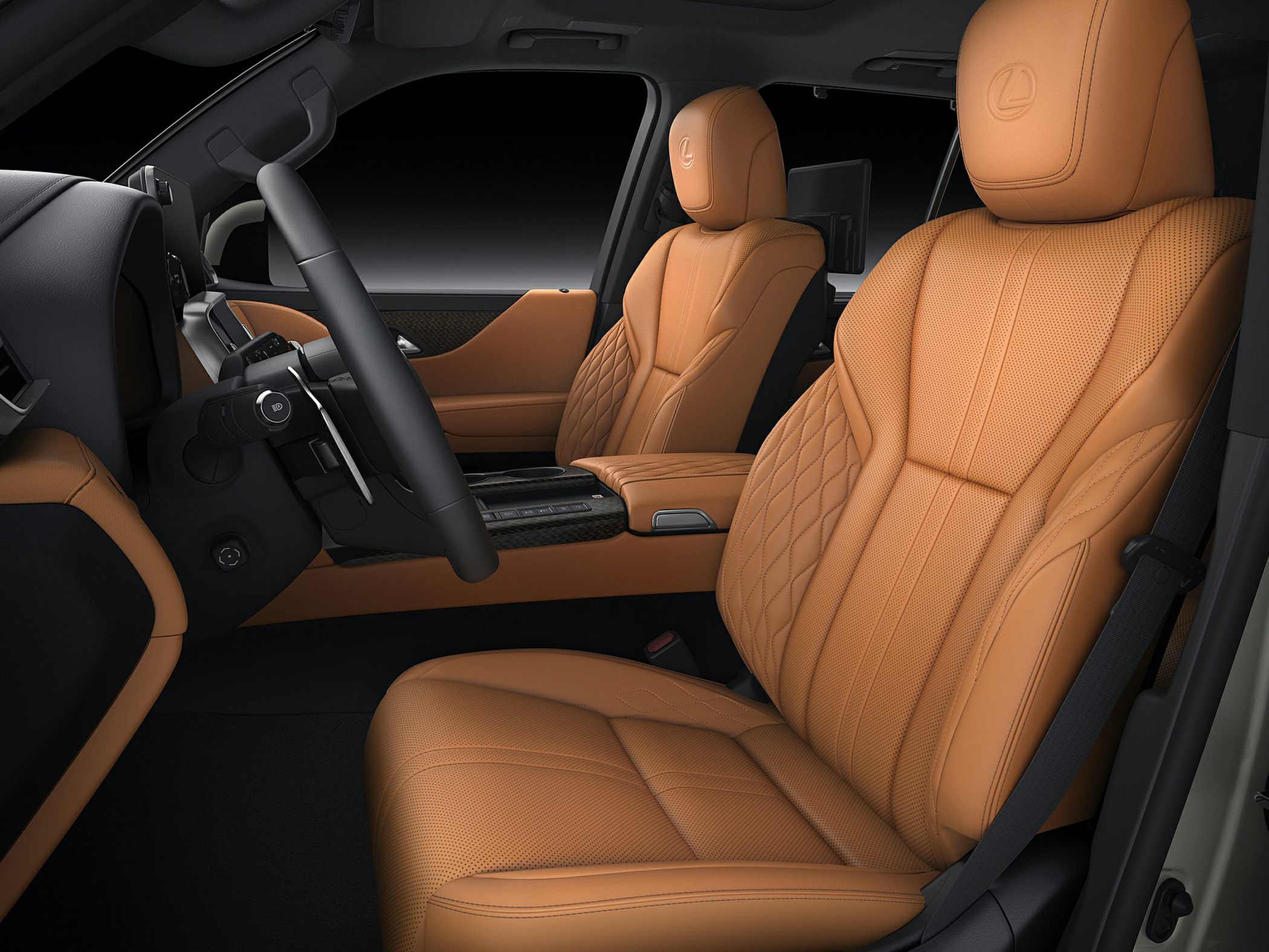 Premium tan leather seats with intricate stitching and modern dashboard interior
