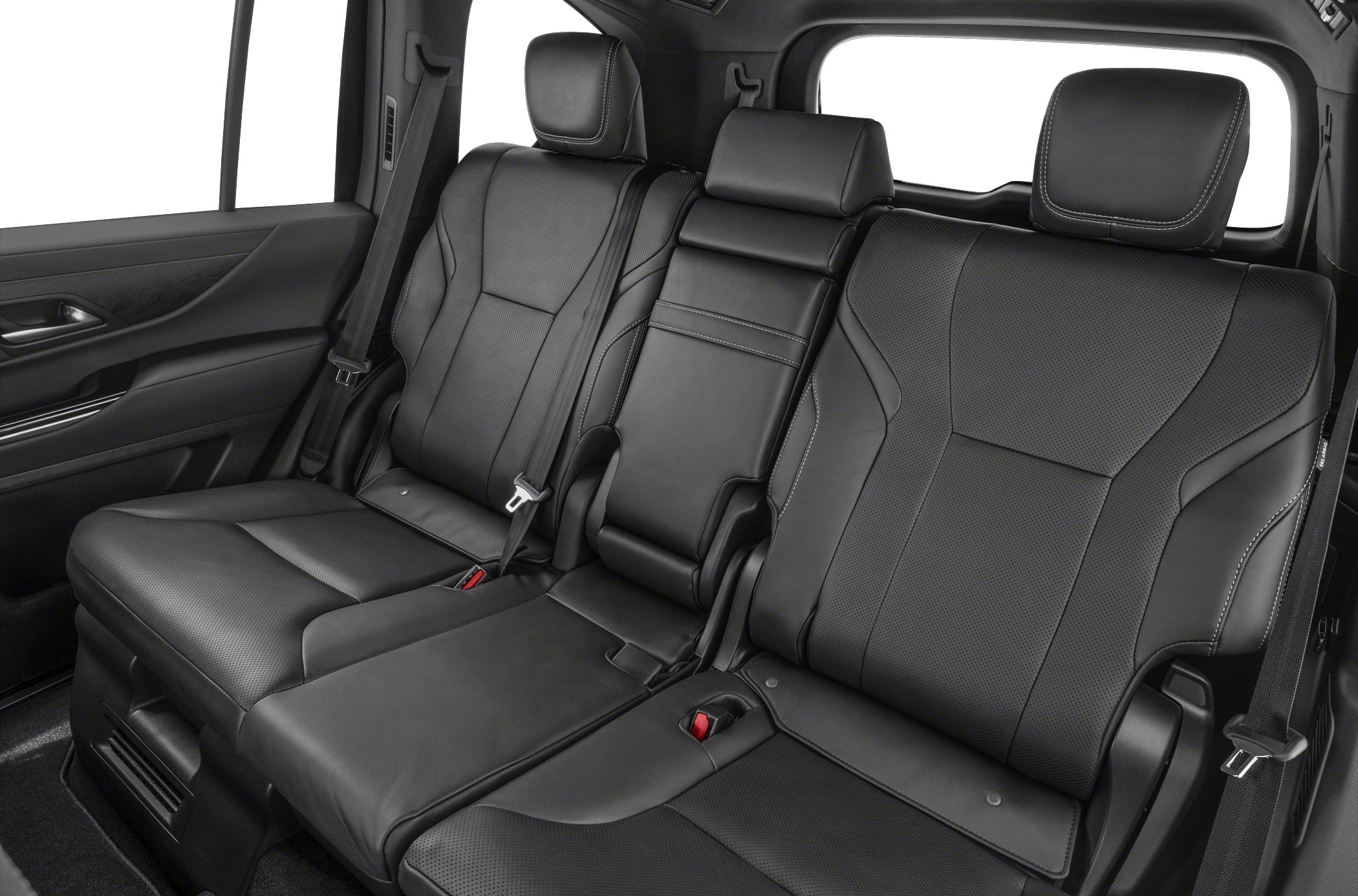 Black leather rear seats with elegant stitching and three headrests.