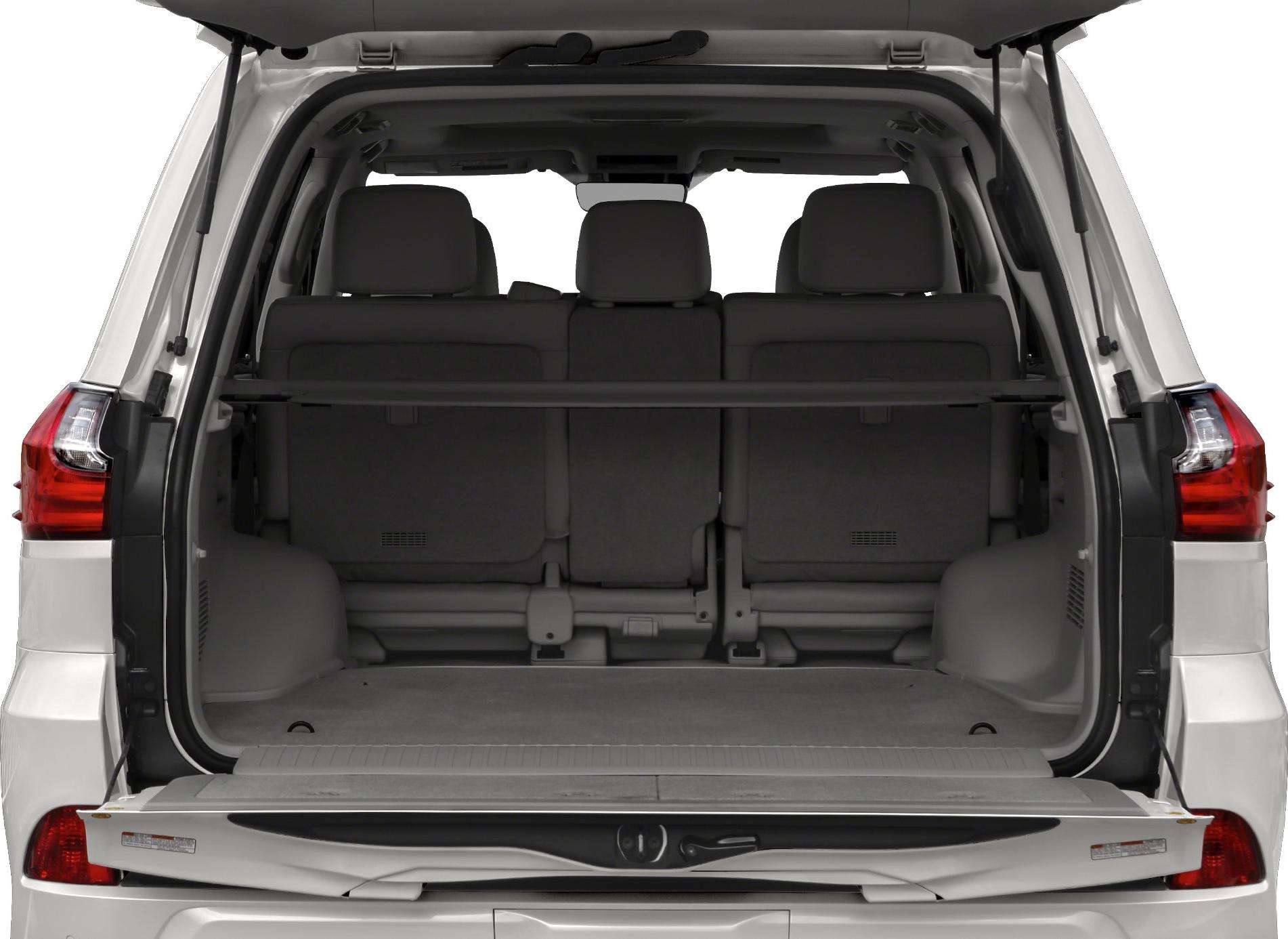 Spacious rear cargo area with three rear seats and open tailgate