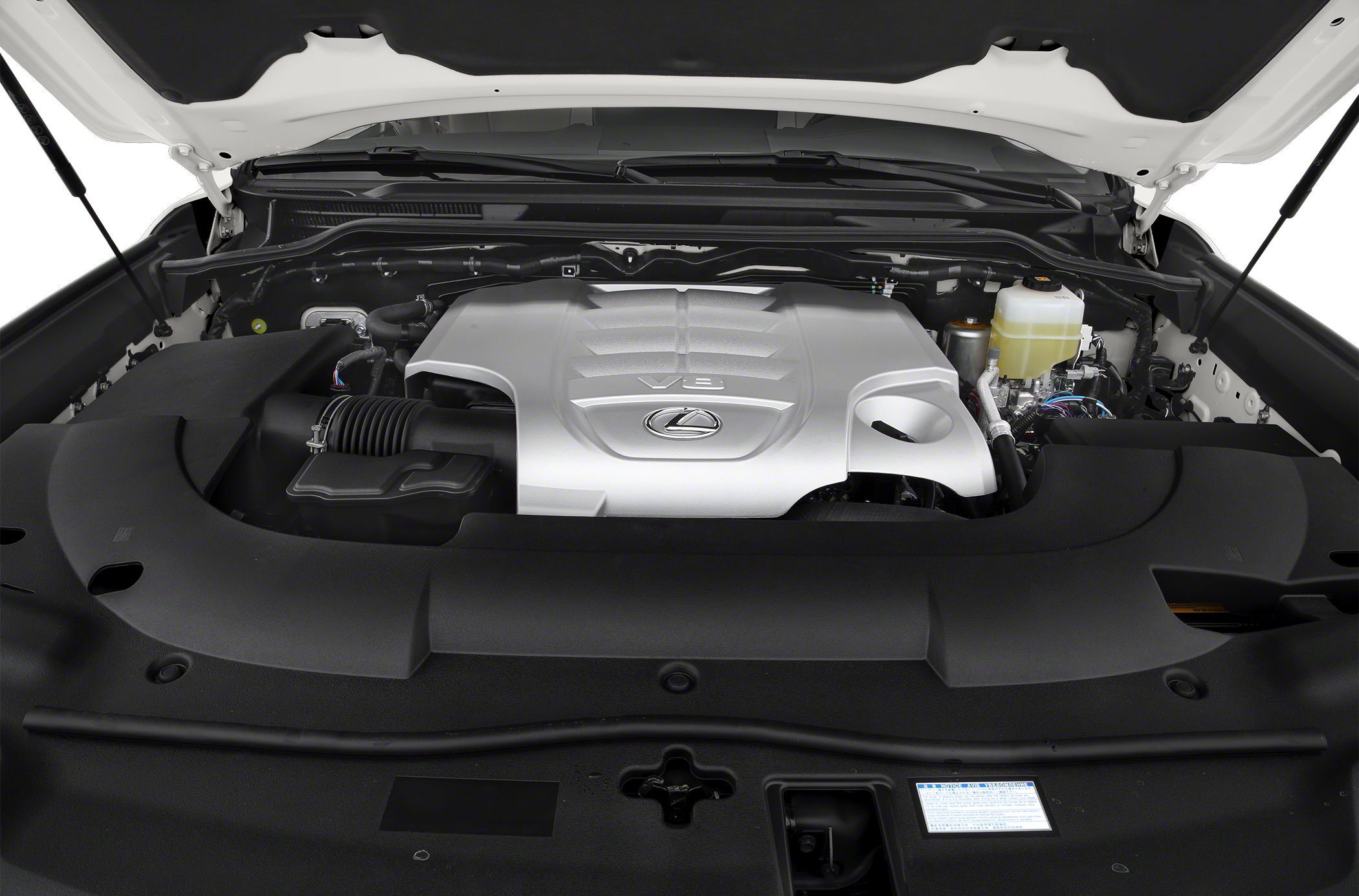 V8 engine cover and fluid reservoir setup under hood