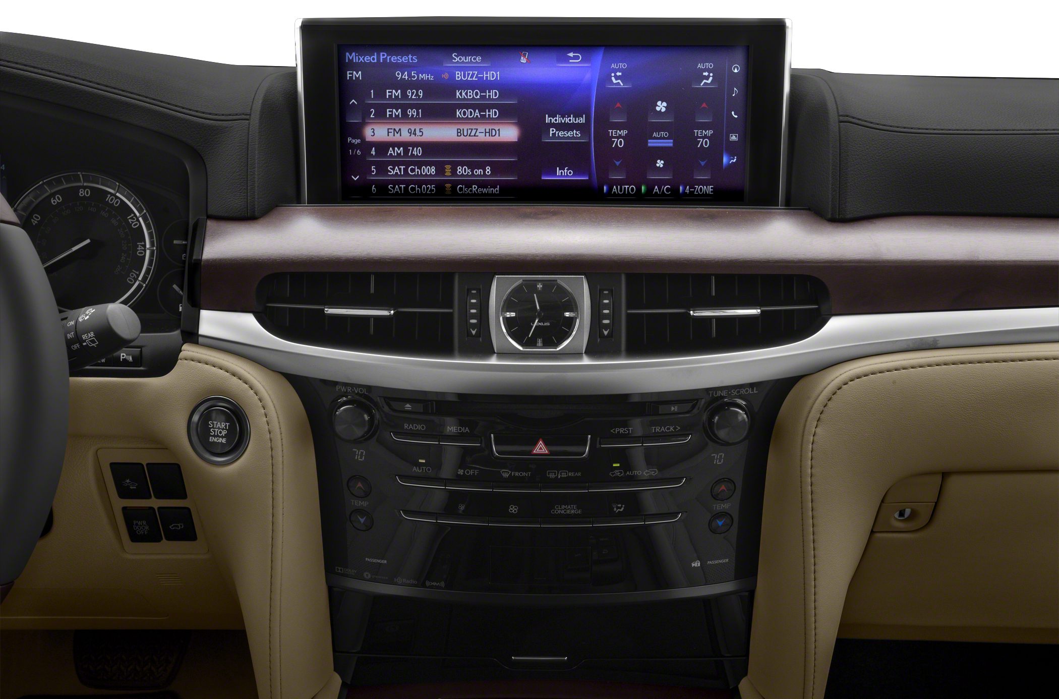 Center dashboard with infotainment screen and analog clock