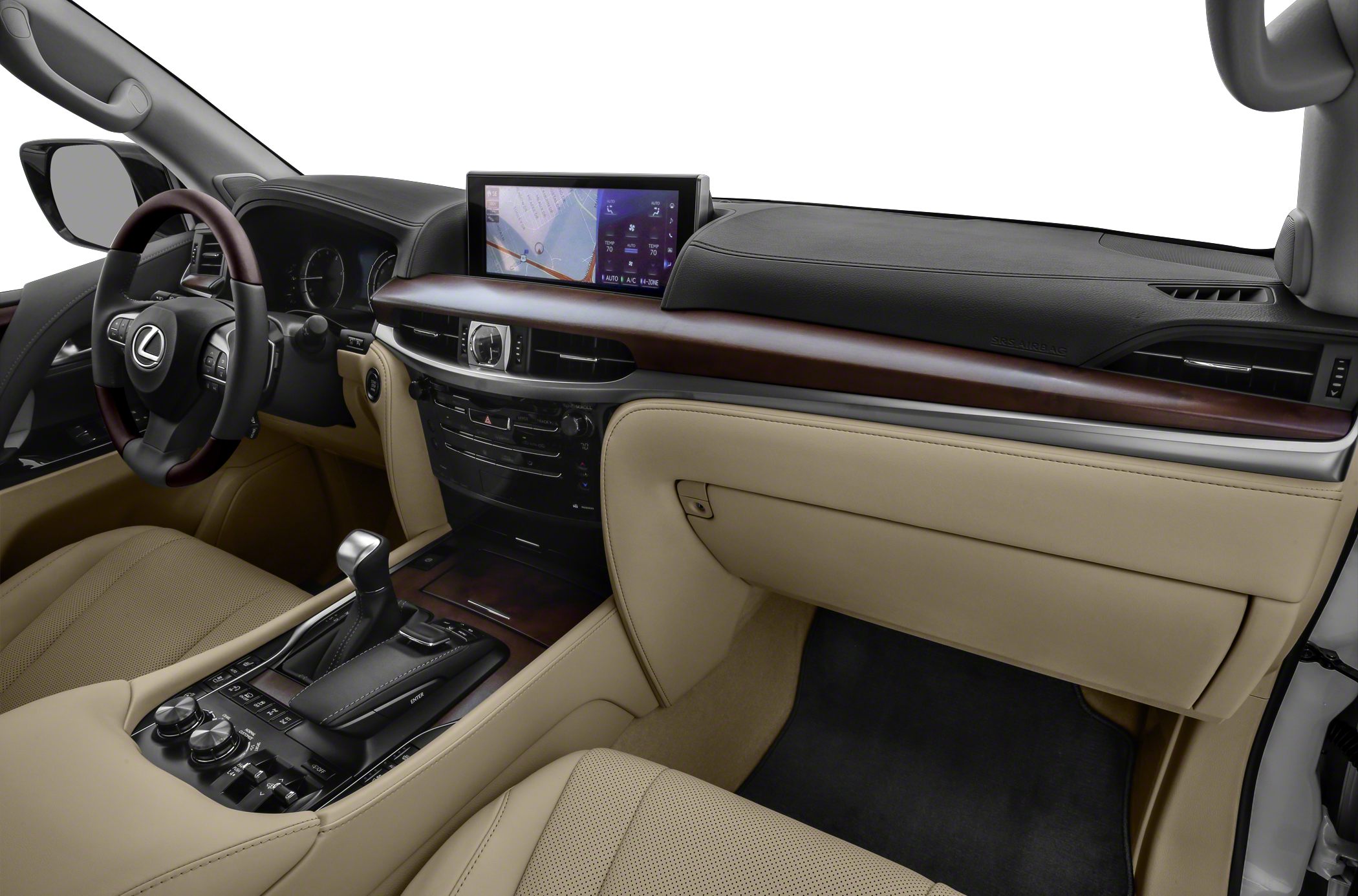 Luxury interior with dashboard, navigation screen, and center console controls