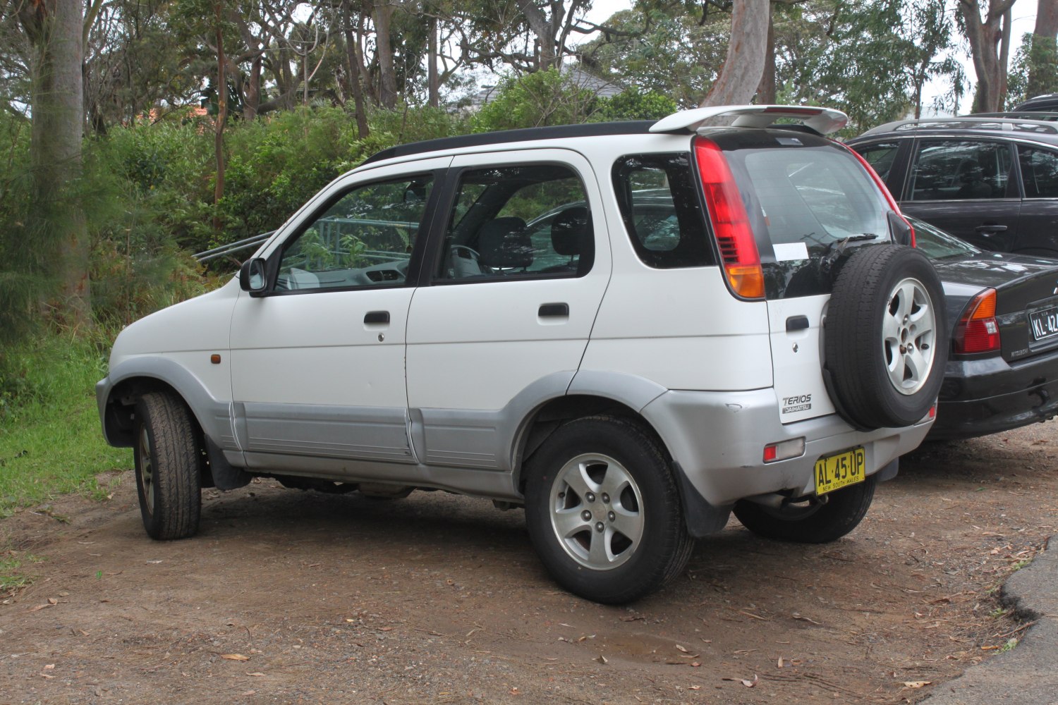 Rear side view with spare tire and roof spoiler.