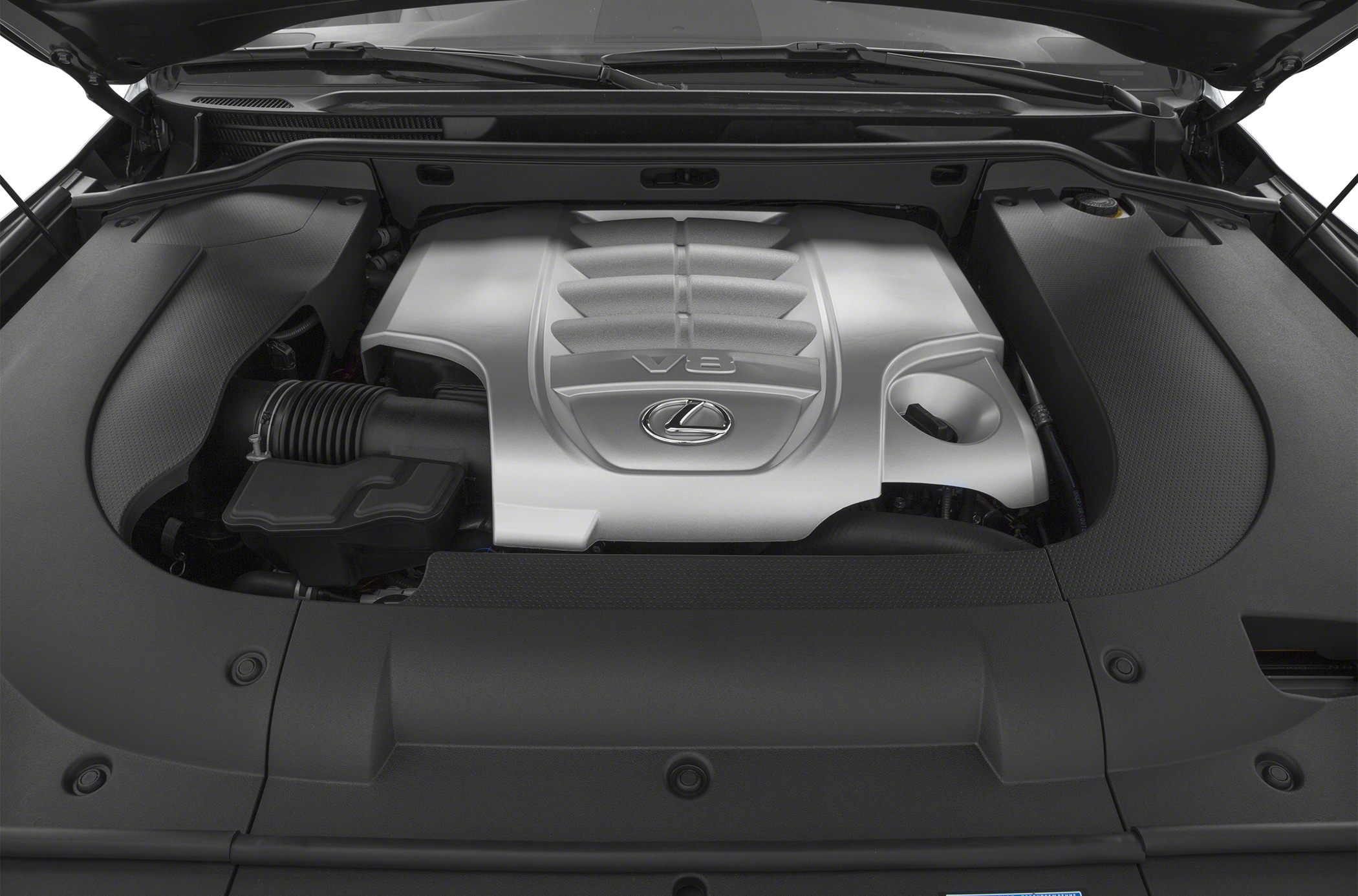 Close-up of V8 engine with Lexus logo and engine cover