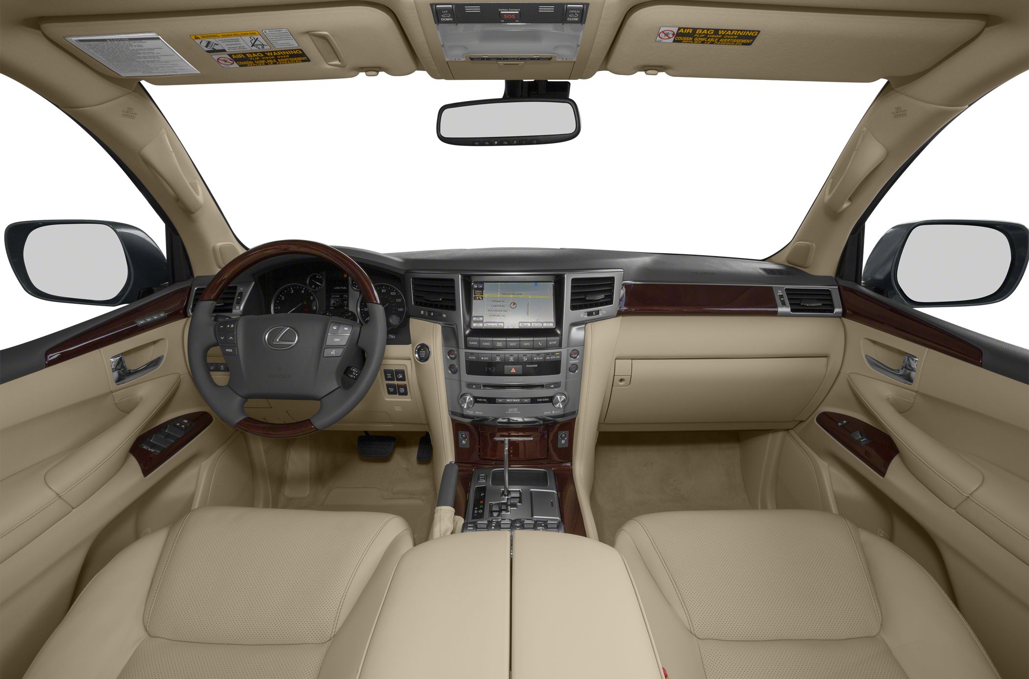 Beige leather interior with wood trim, dashboard, and steering wheel