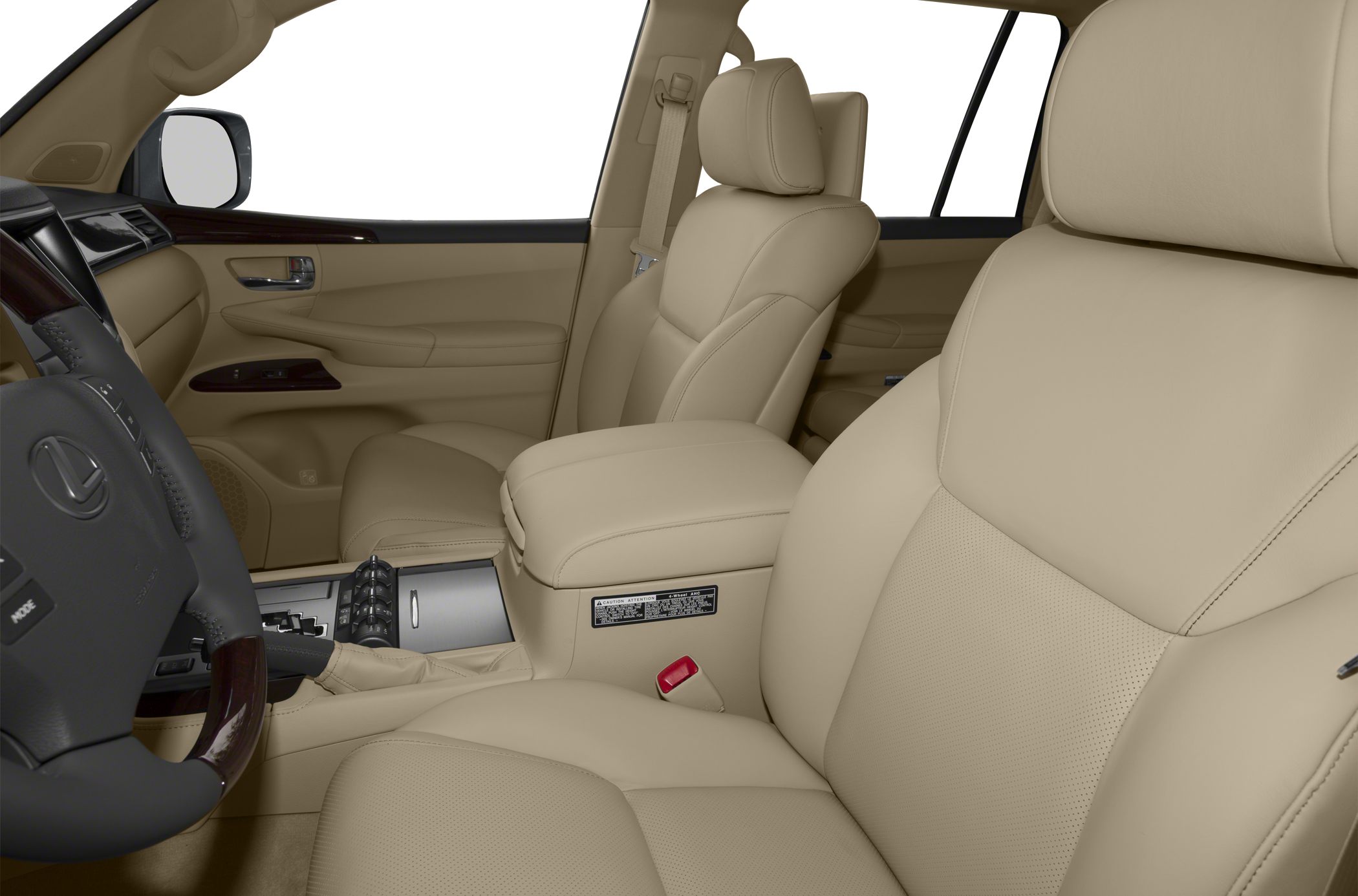 Beige leather front seats and wood trim interior detailing