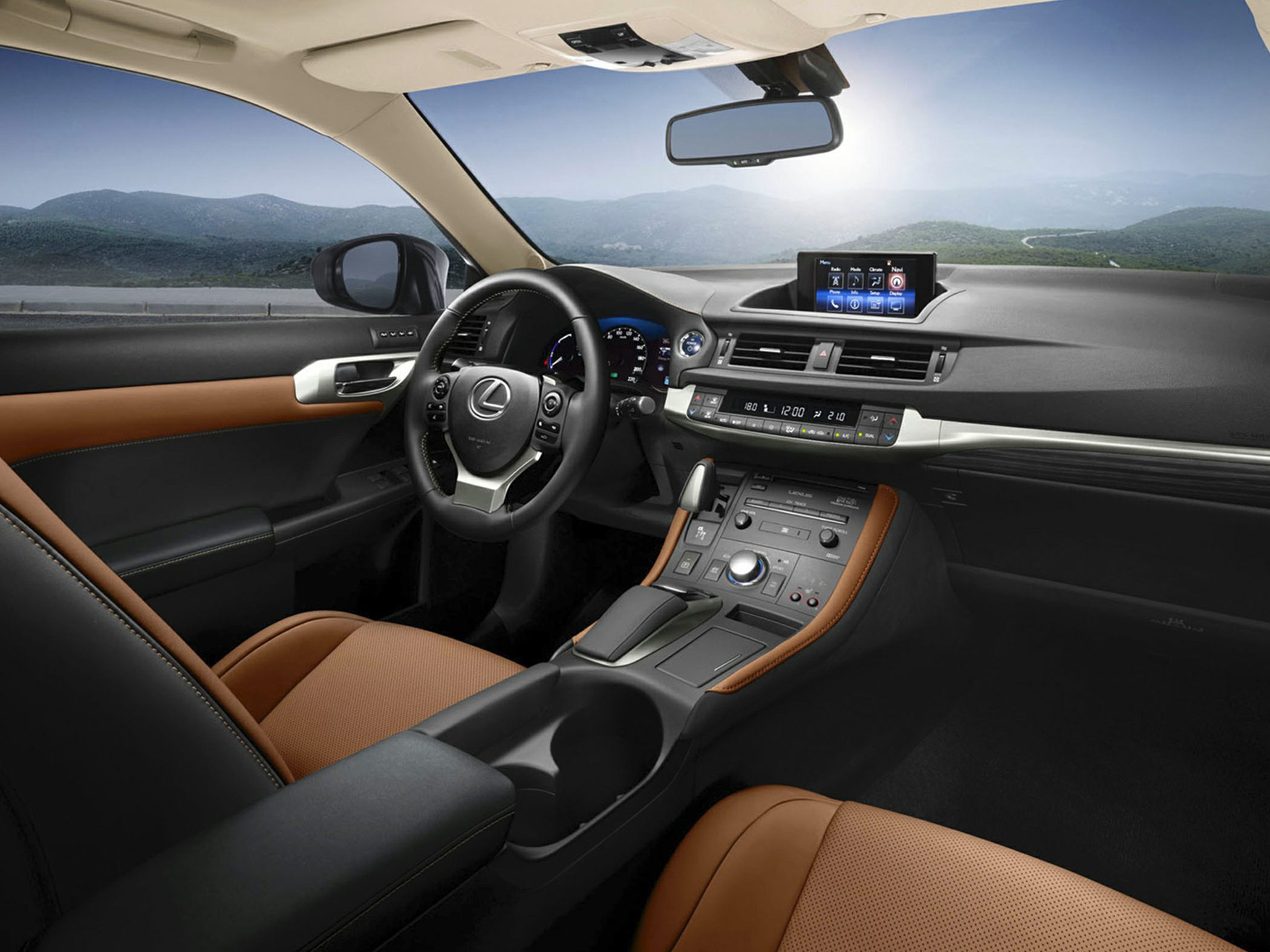 Modern car interior with leather seats, digital infotainment, and multifunction steering wheel