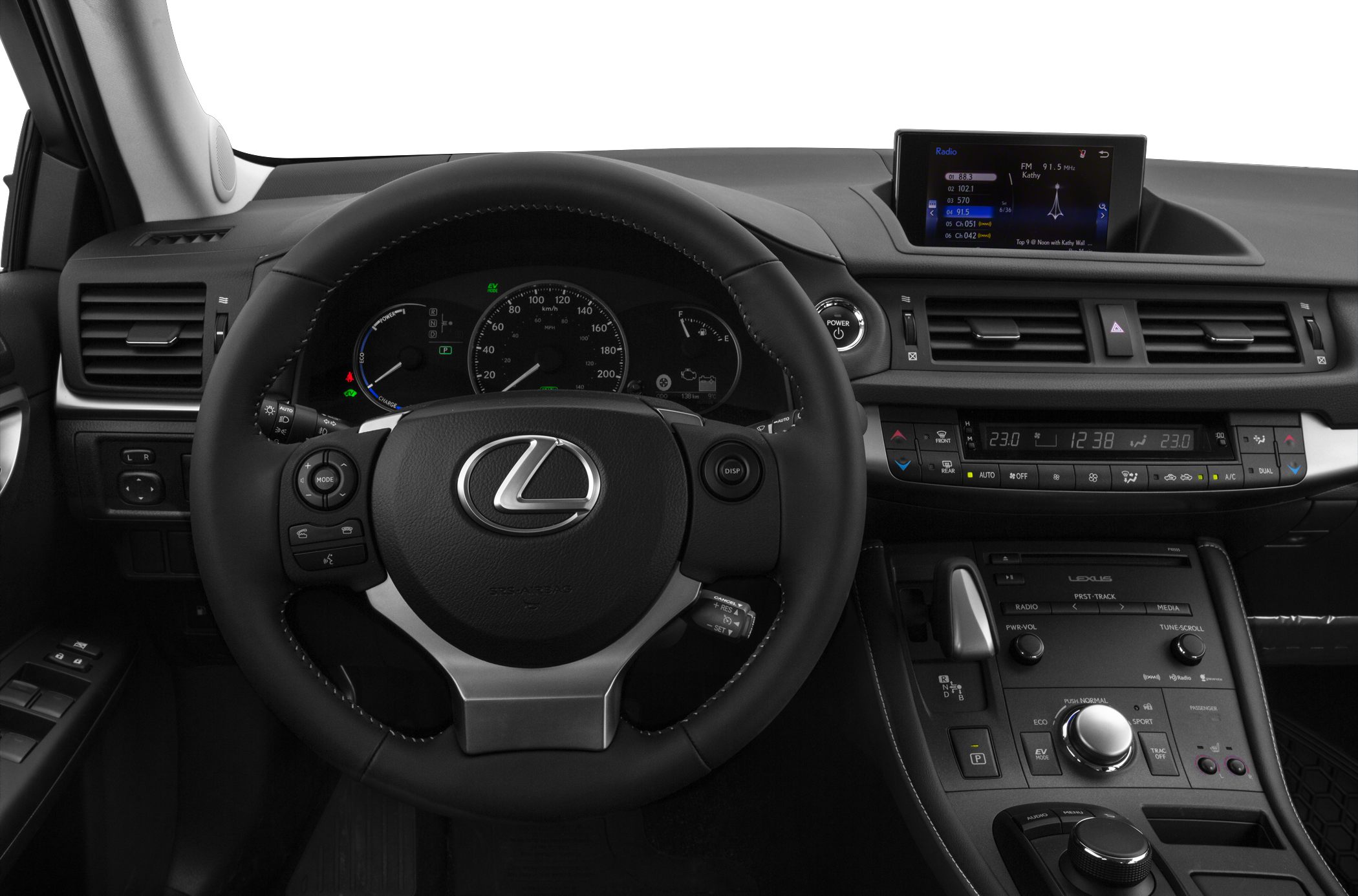 Steering wheel, dashboard with gauges, central multimedia display and controls