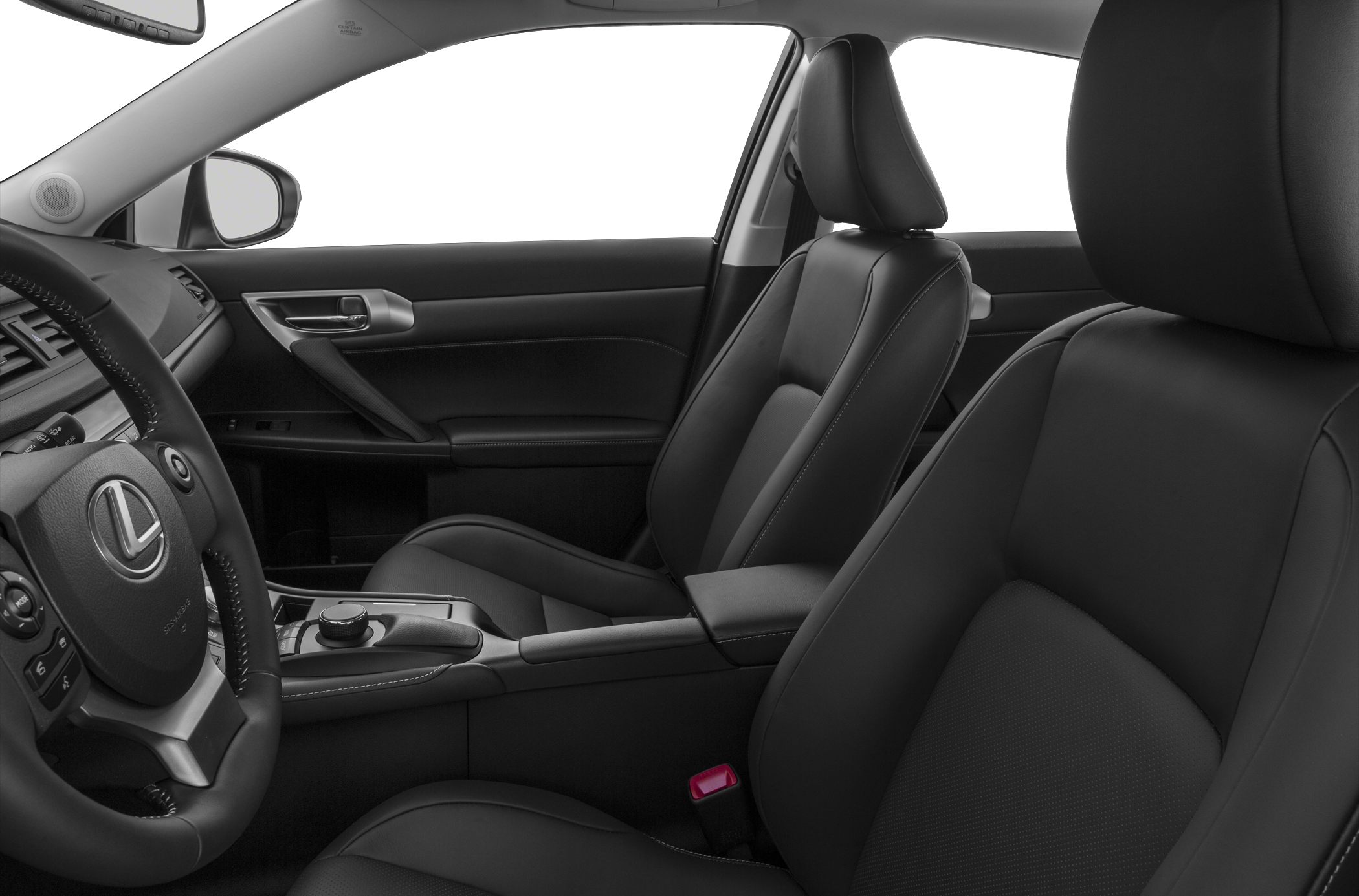 Leather seats and multifunction steering wheel in car interior