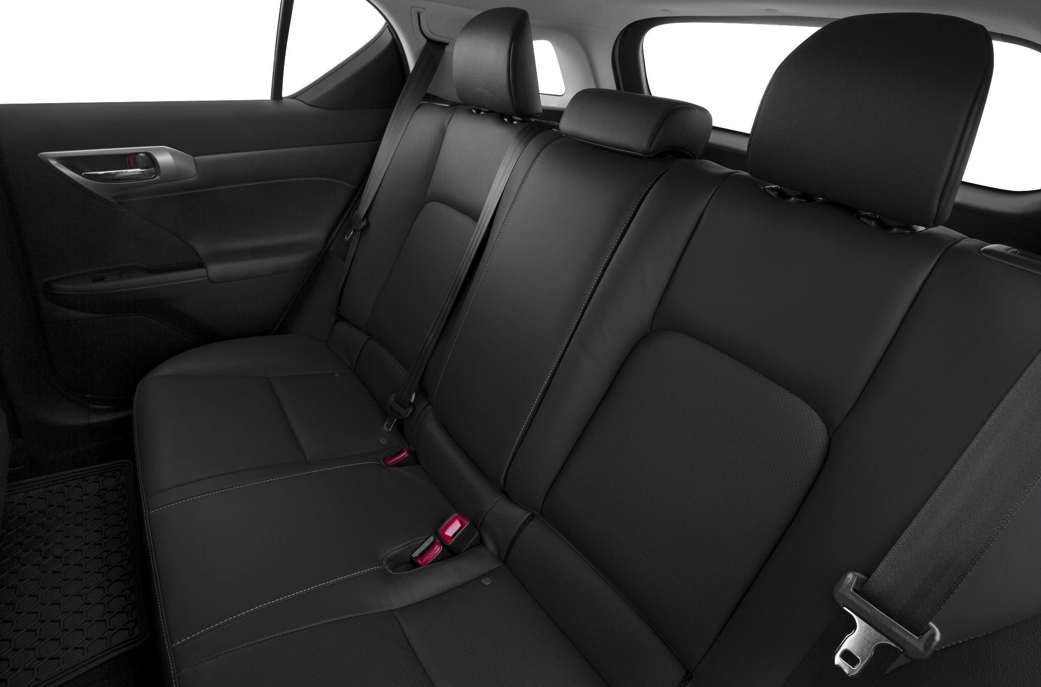 Black leather rear seats with seatbelt and stitching details