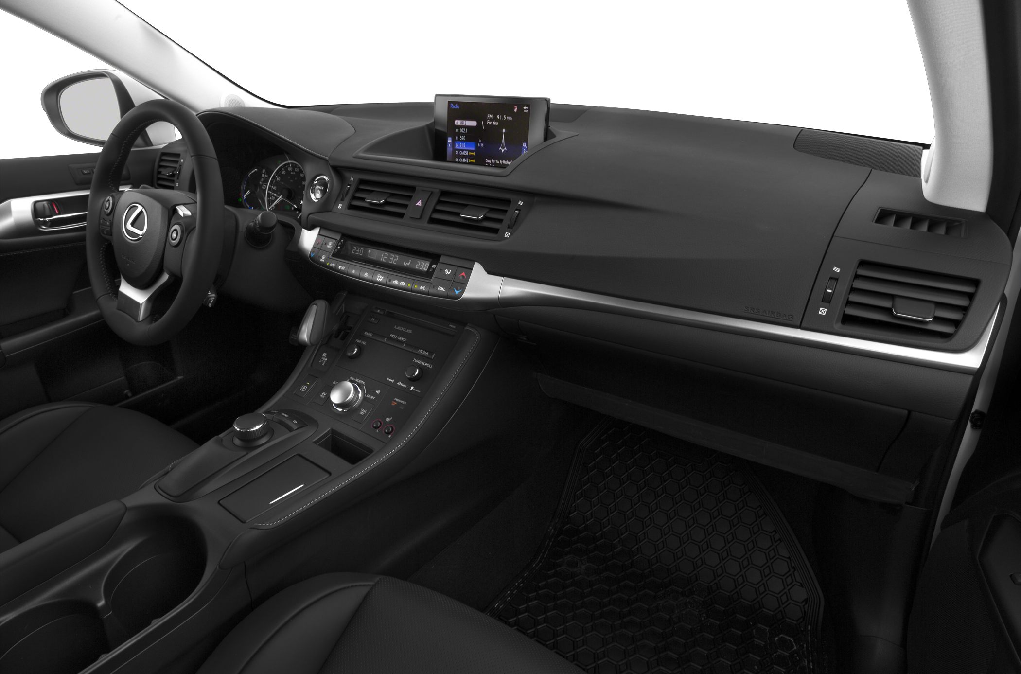 Modern car interior with dashboard and multifunction steering wheel